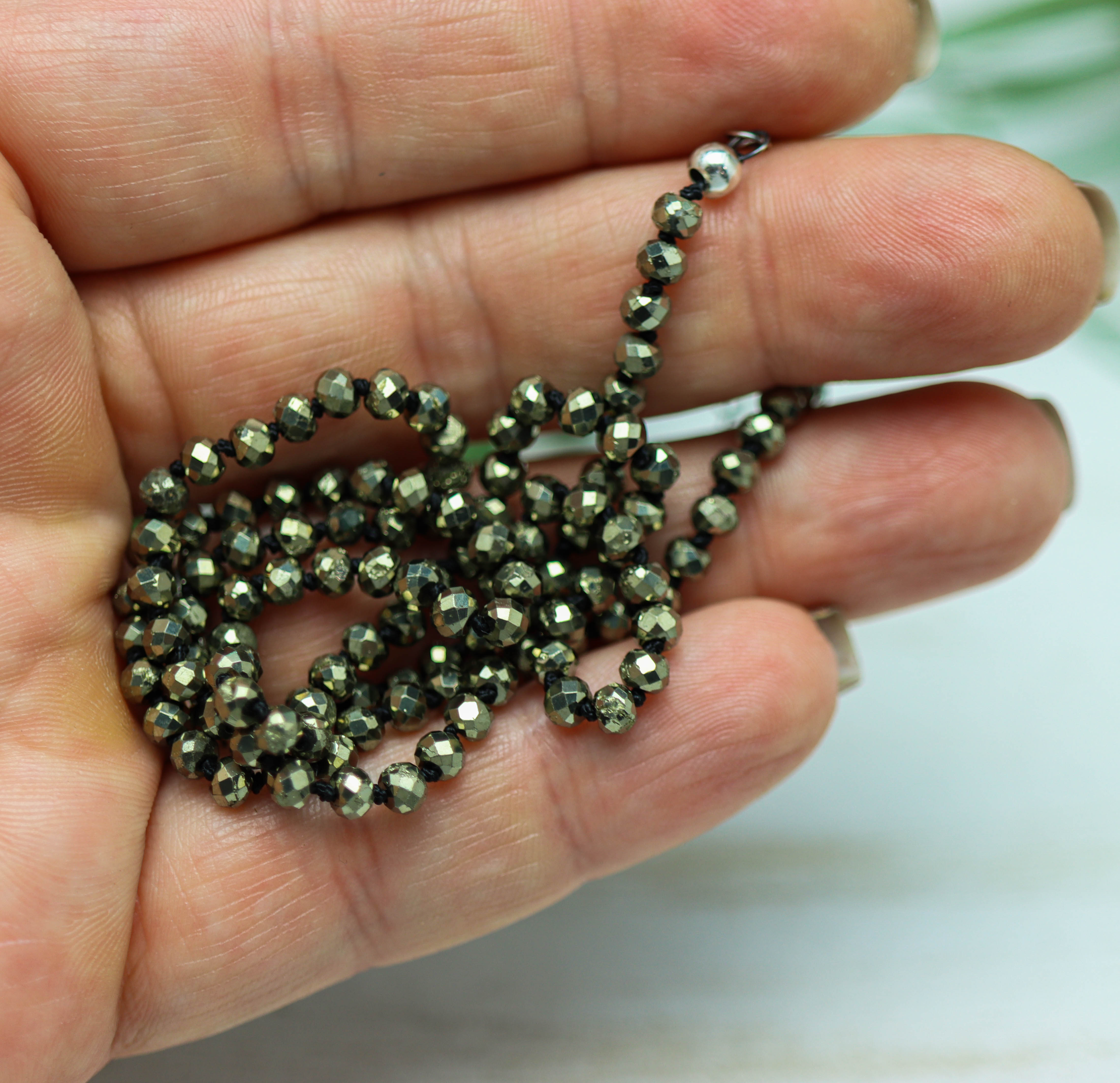 Sparkly Faceted Pyrite Hand Knotted Bead Necklace Sterling Silver