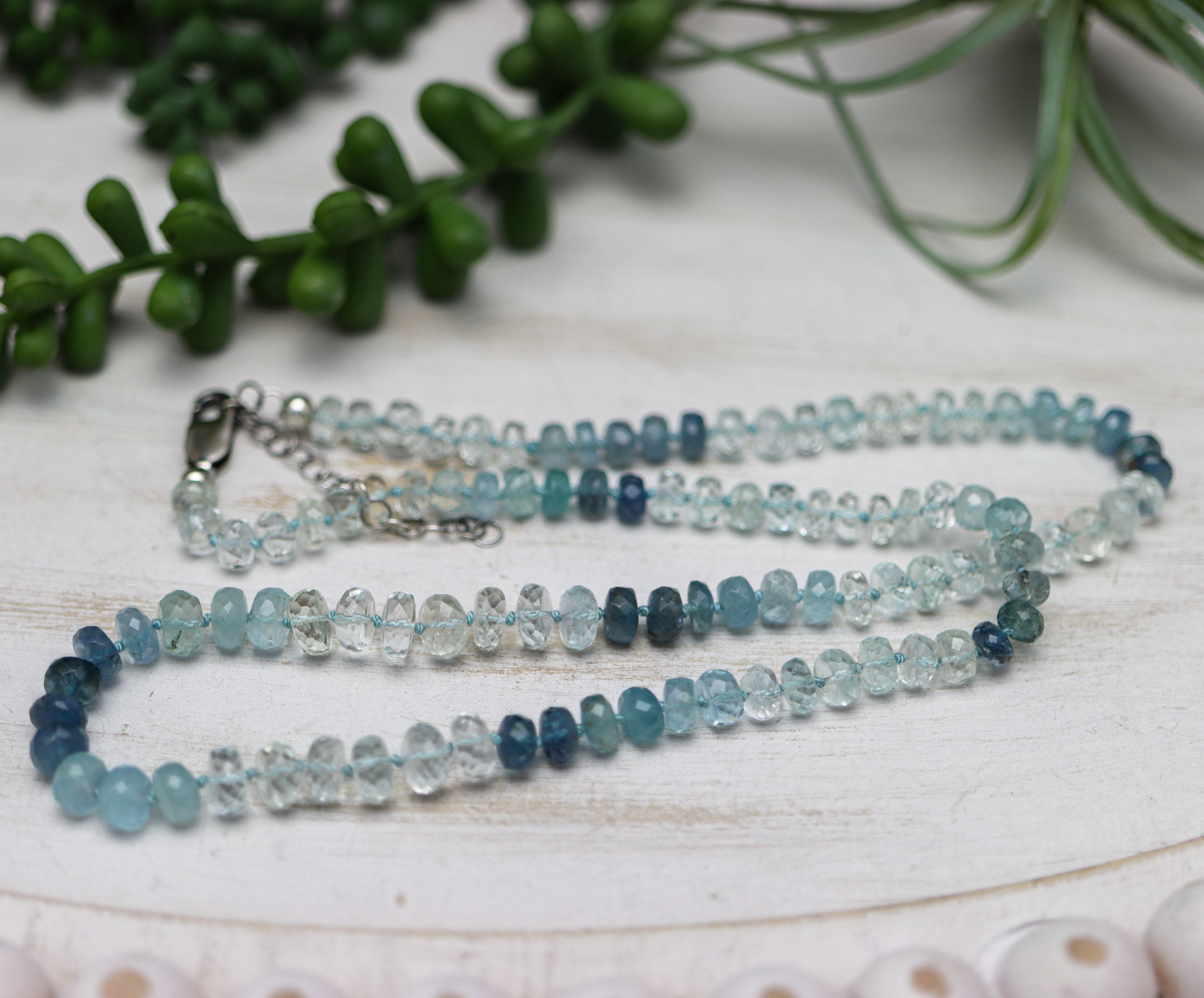 Stunning Blue Aquamarine Hand Knotted Bead Necklace Sterling Silver