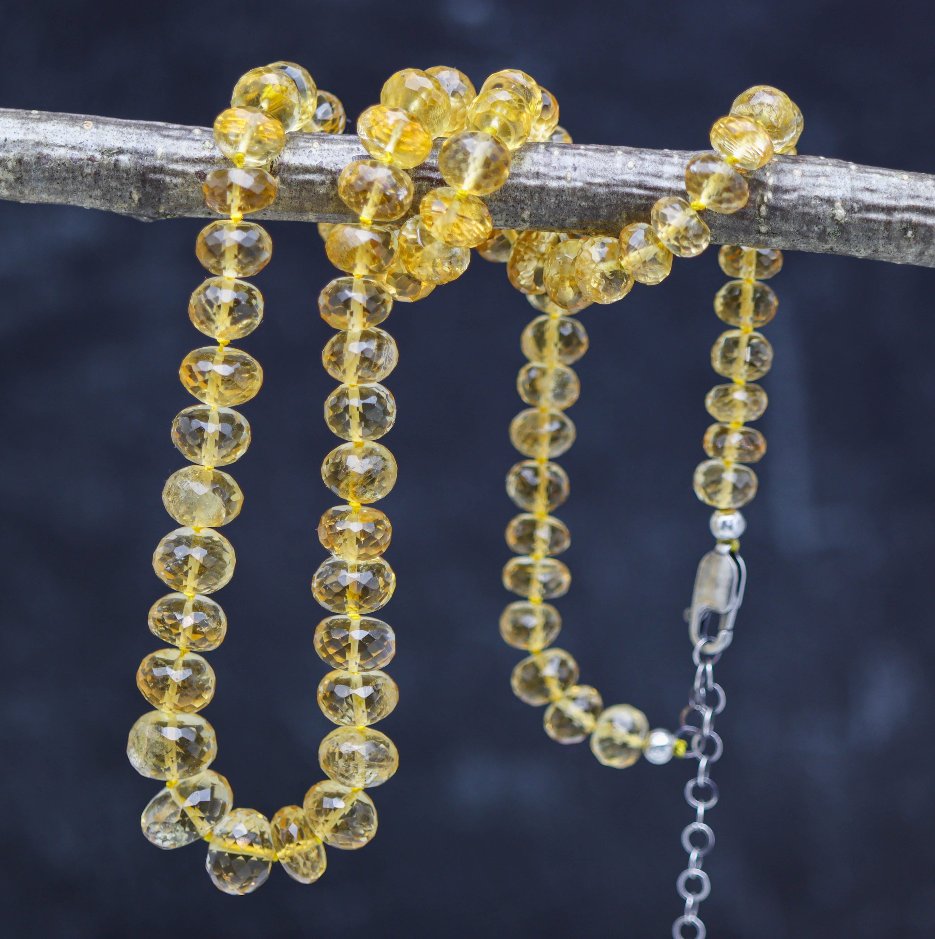 Beaded yellow necklace on a branch with a blurred natural background