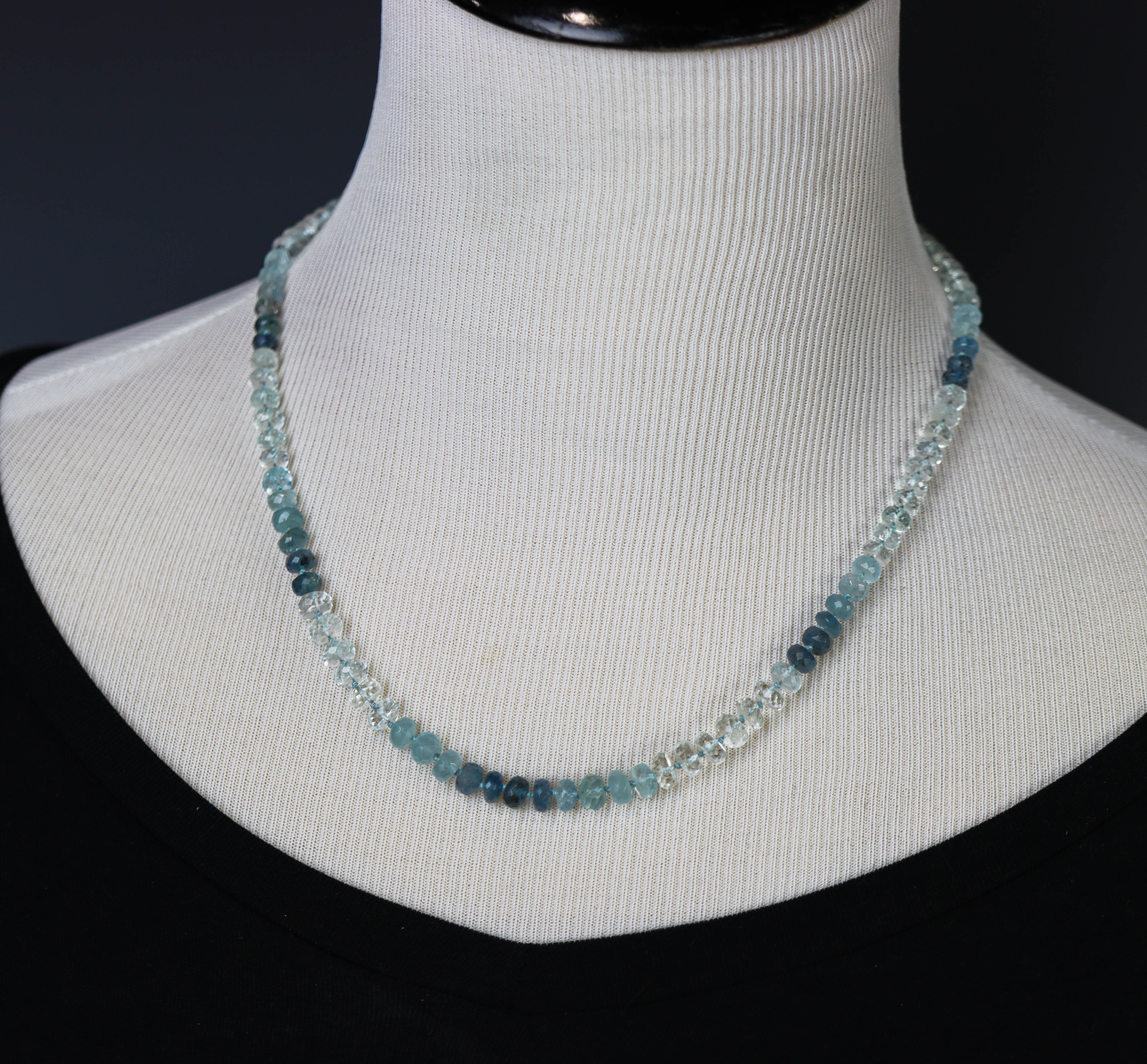 Stunning Blue Aquamarine Hand Knotted Bead Necklace Sterling Silver