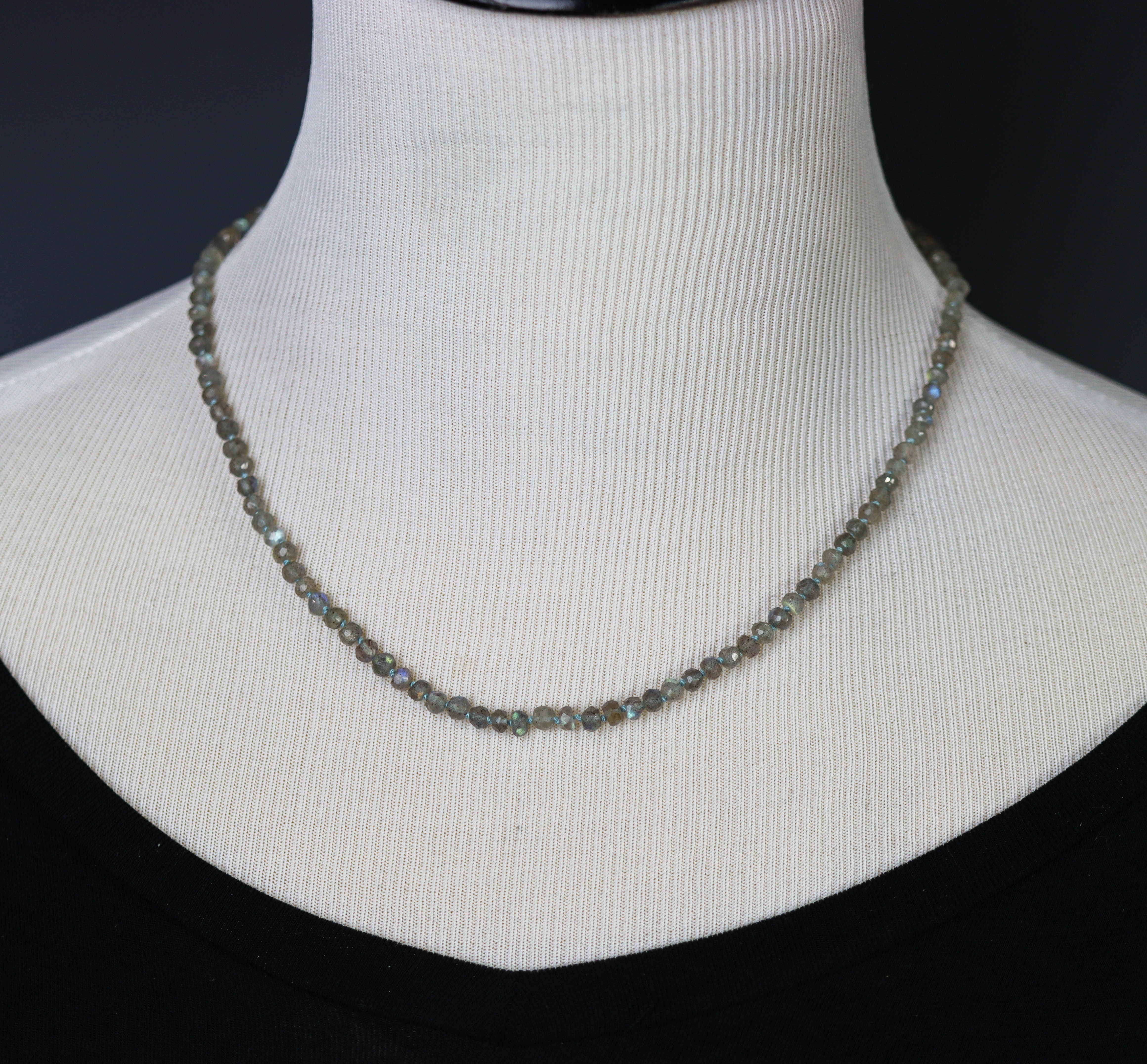 Sparkly Labradorite Hand Knotted Bead Necklace Sterling Silver 18 Inch