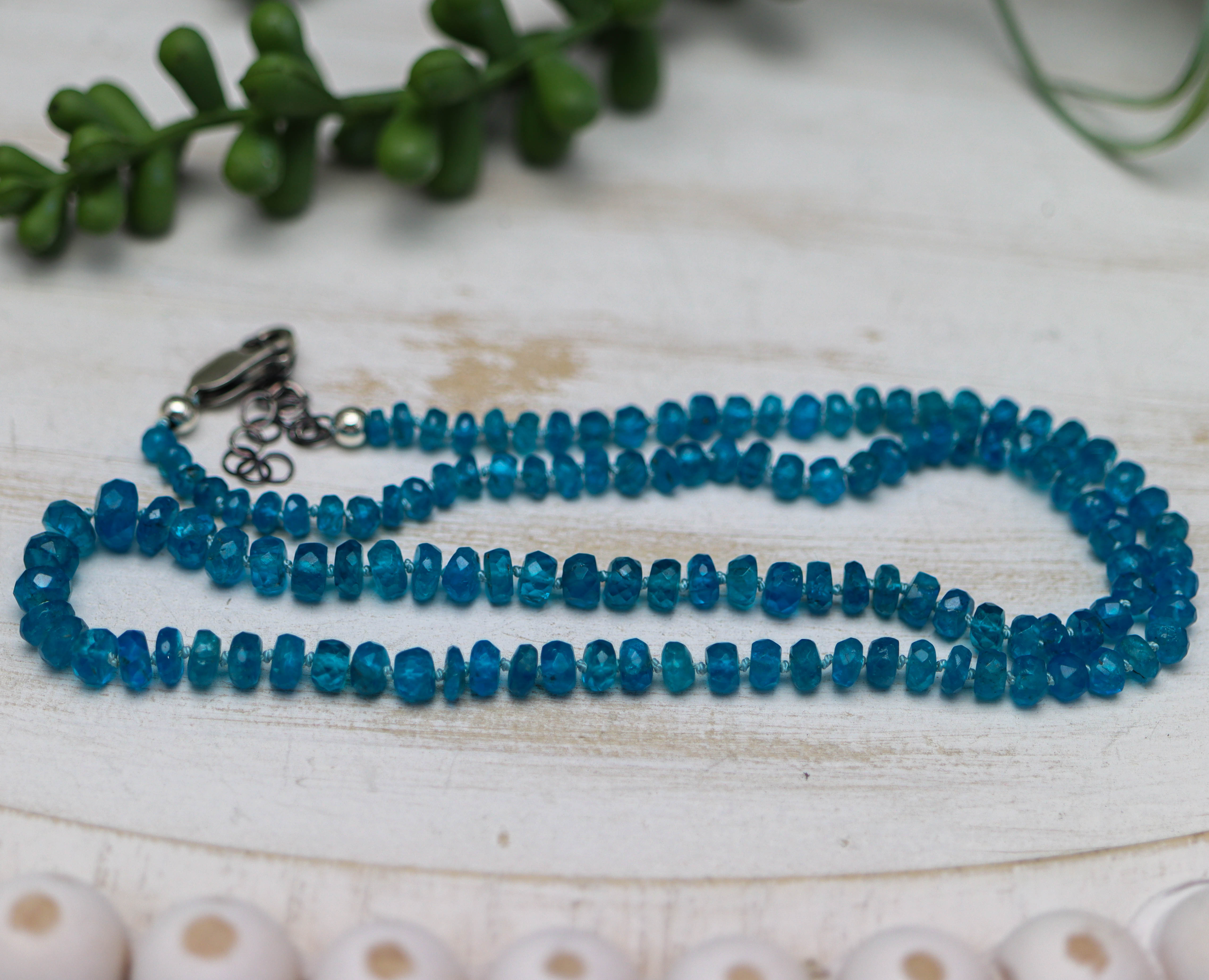Neon Blue Apatite Hand Knotted Bead Necklace Sterling Silver
