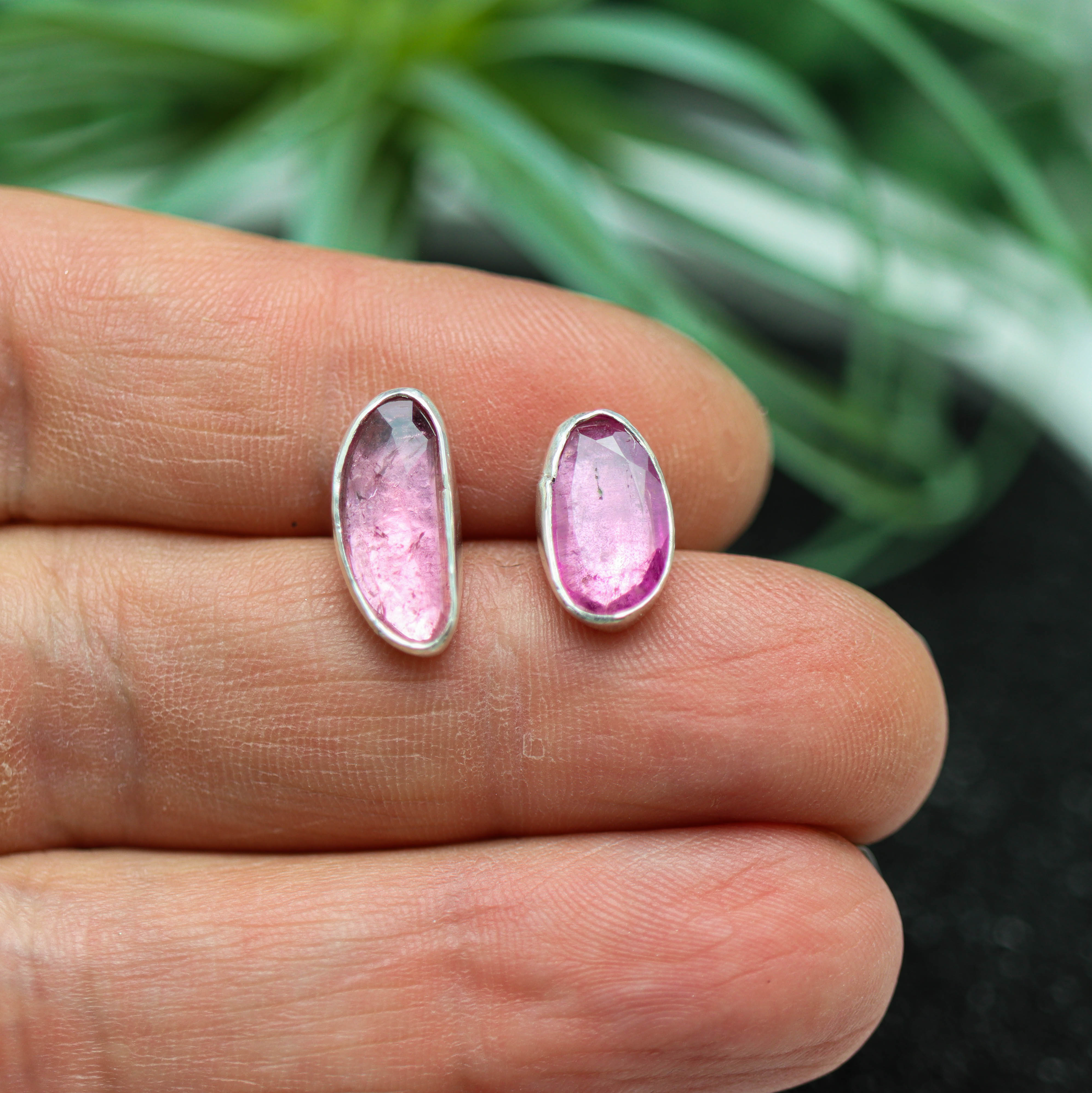 Pink Tourmaline Mismatched Stud Earrings Sterling Silver