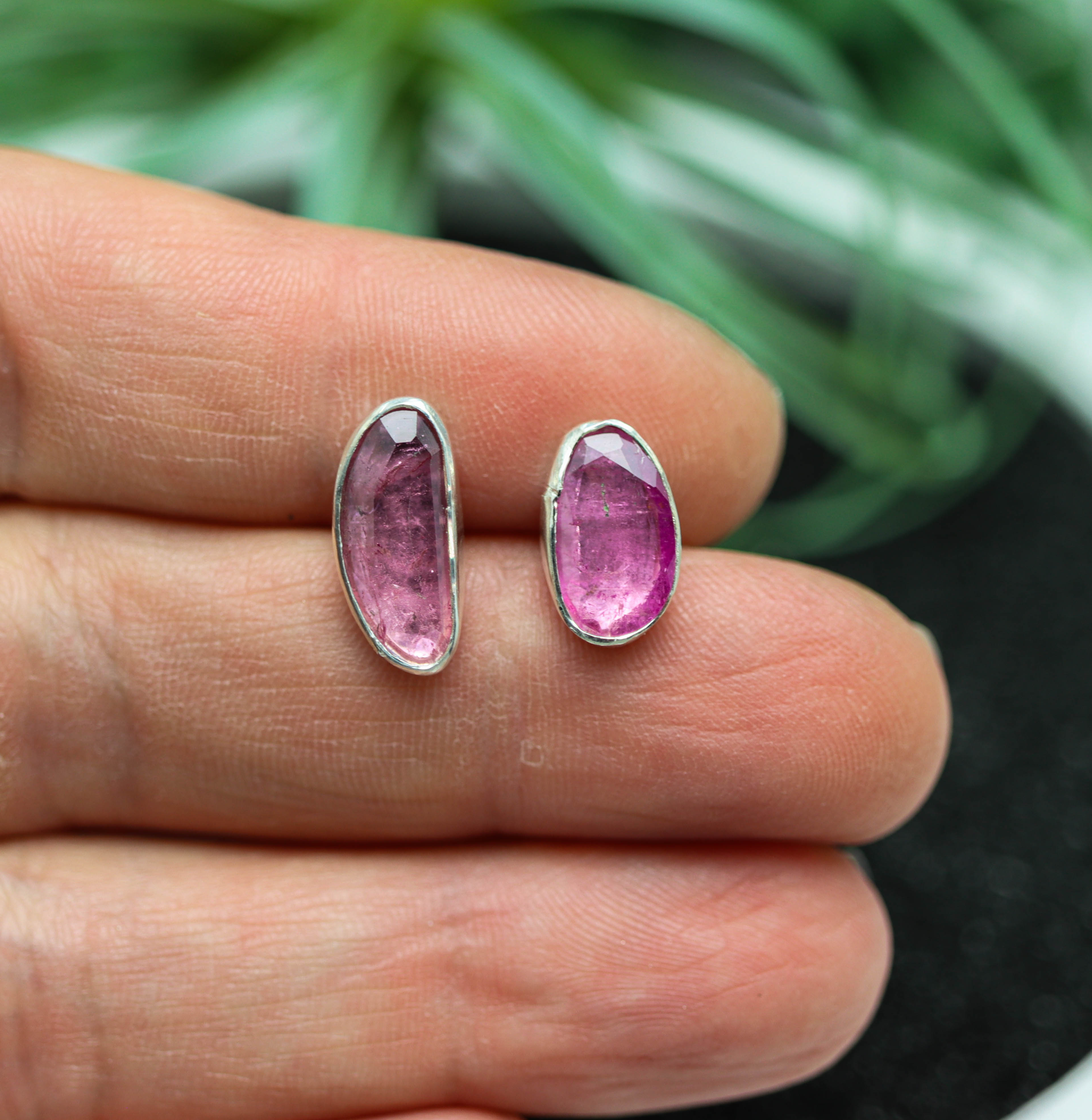Pink Tourmaline Mismatched Stud Earrings Sterling Silver