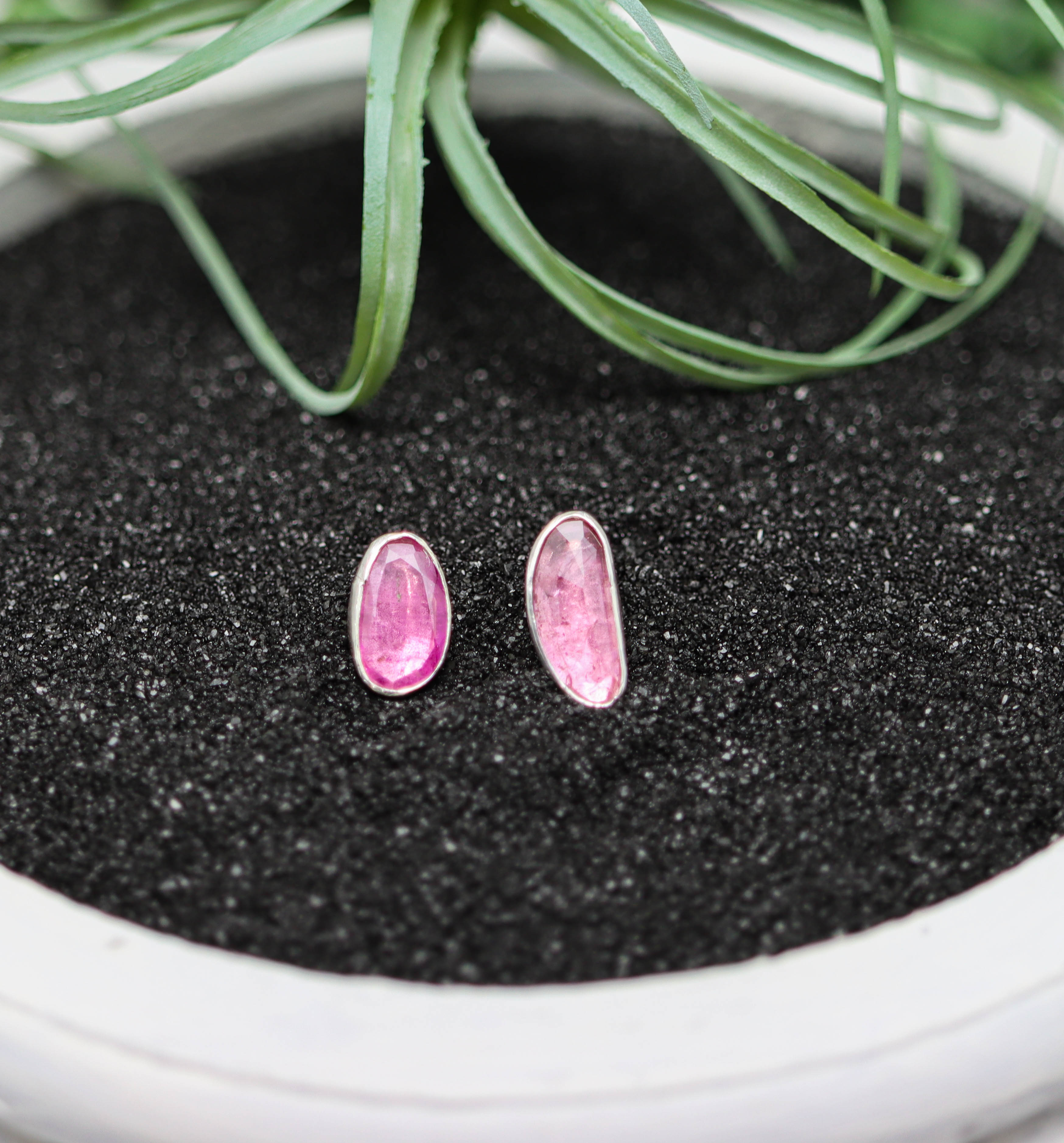 Pink Tourmaline Mismatched Stud Earrings Sterling Silver