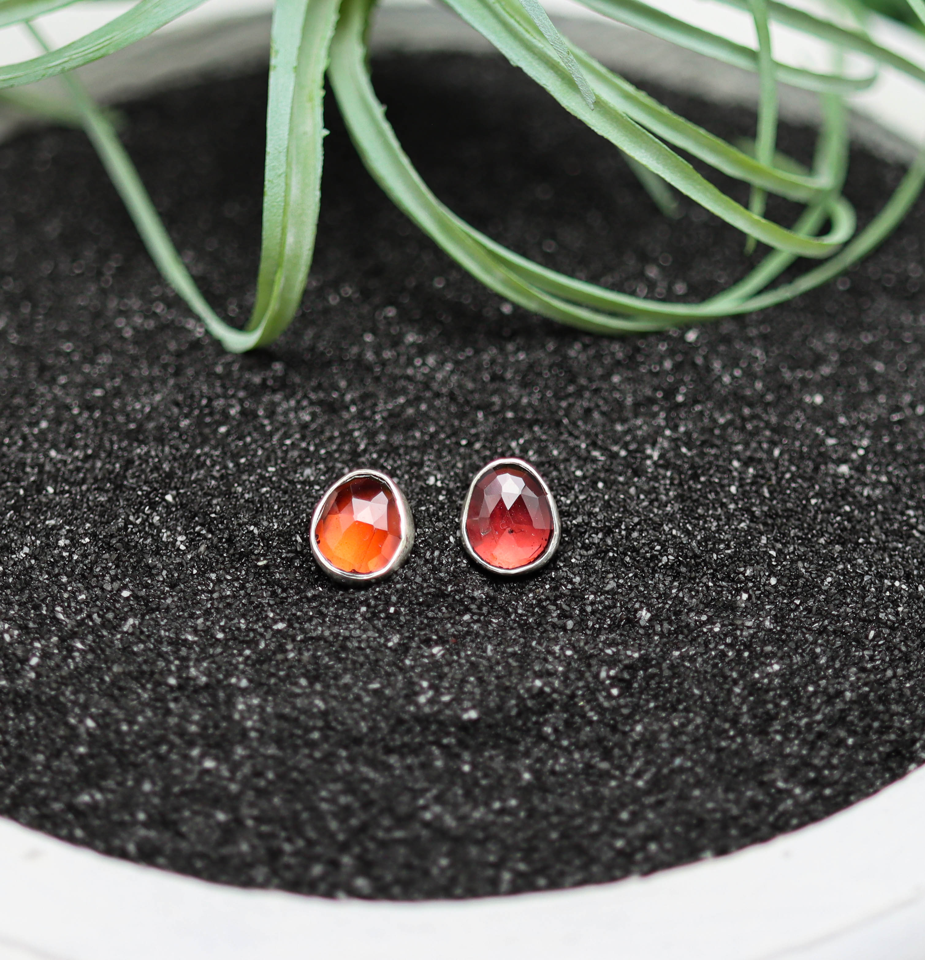Red Garnet Stud Earrings Sterling Silver