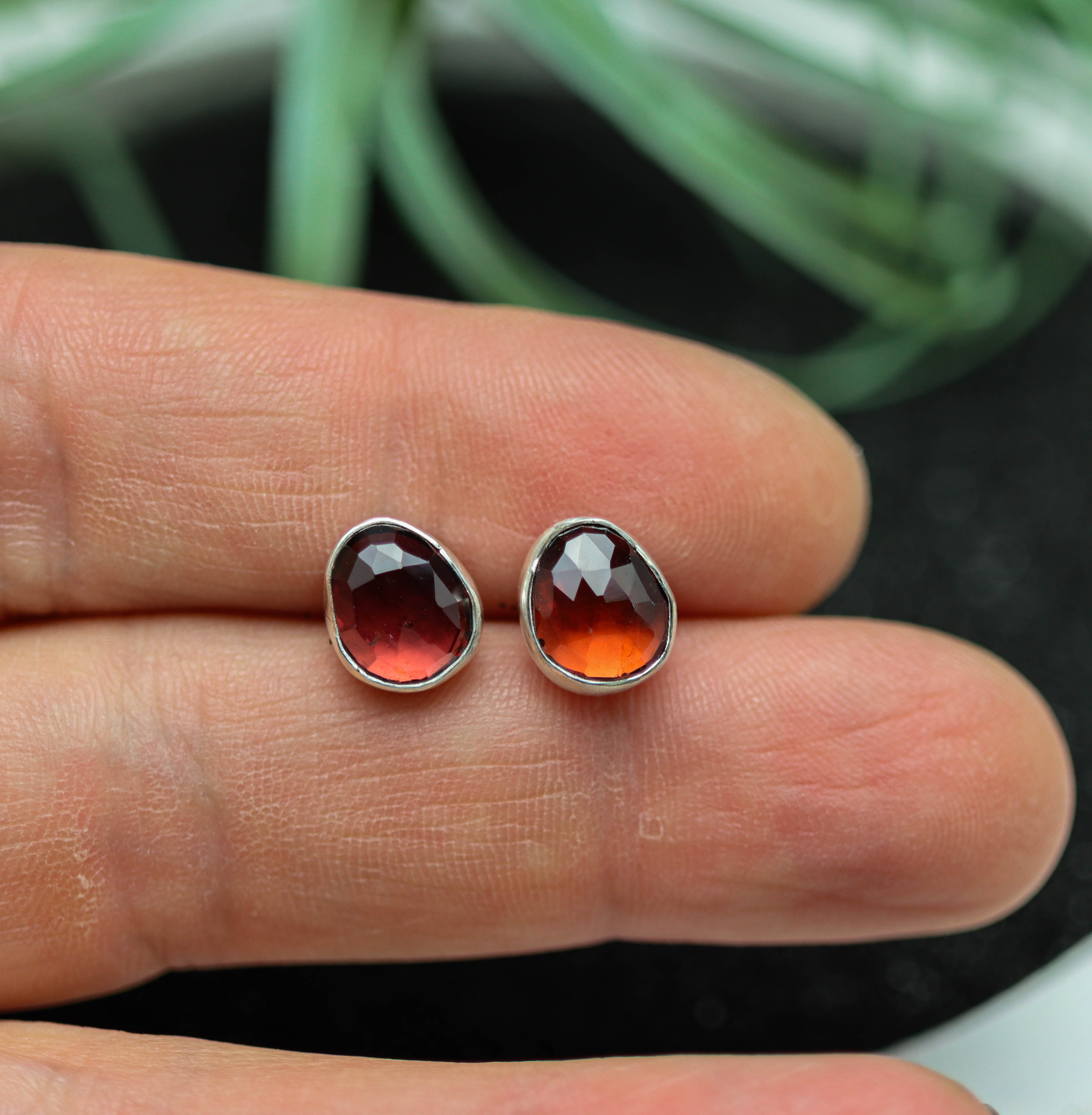 Red Garnet Stud Earrings Sterling Silver