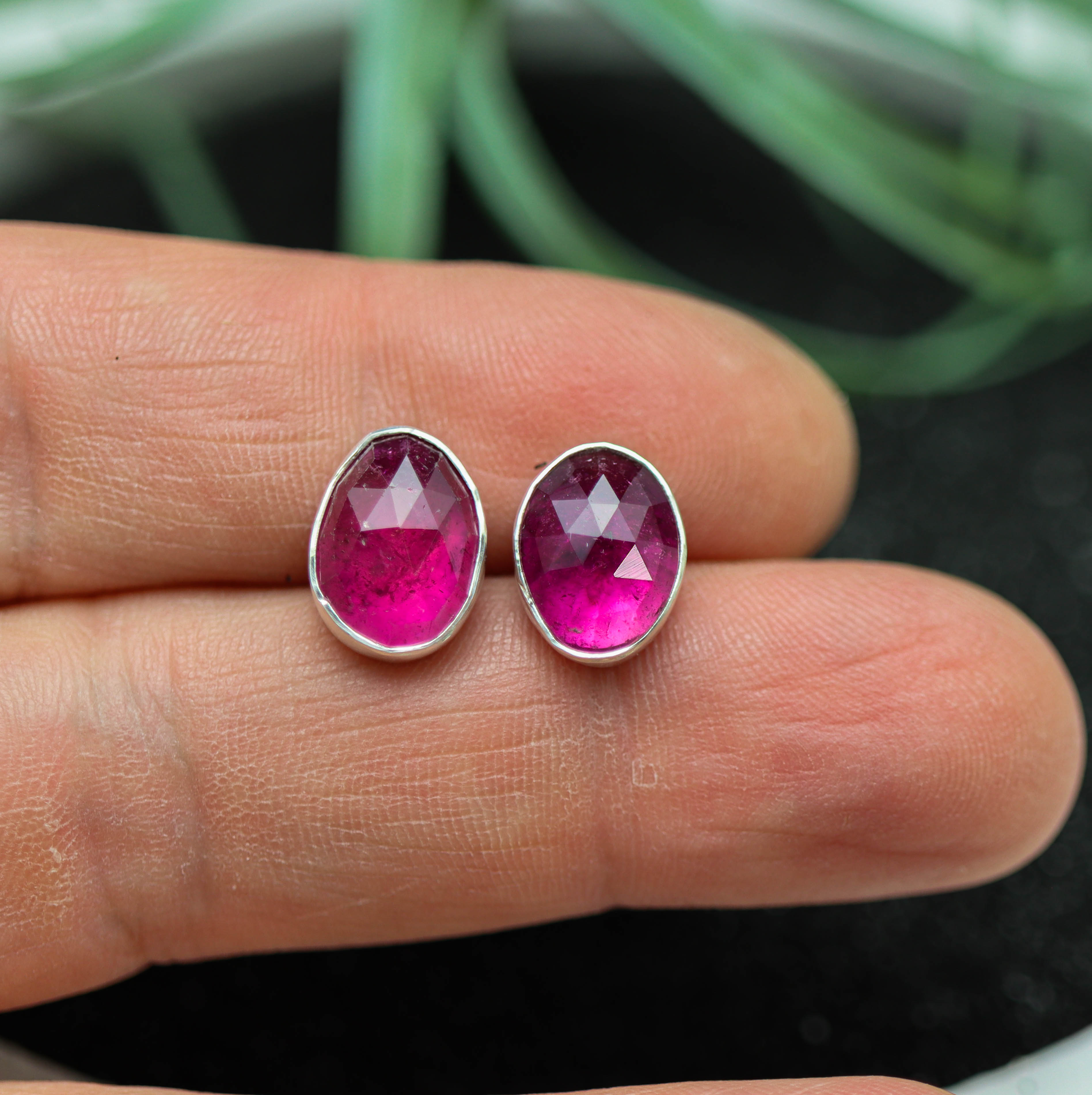 Pink Tourmaline Mismatched Stud Earrings Sterling Silver