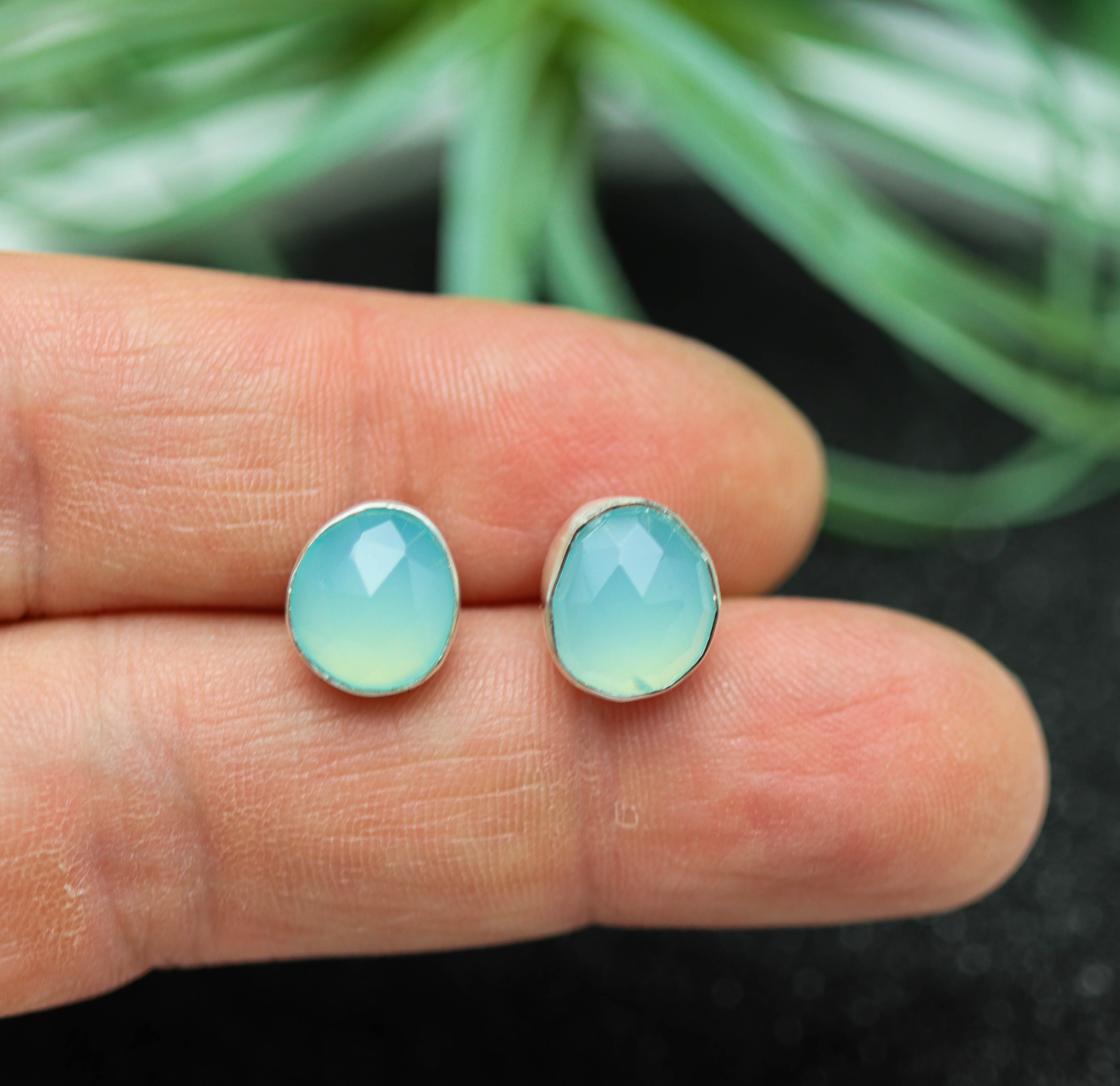 Aqua Chalcedony Stud Earrings Sterling Silver