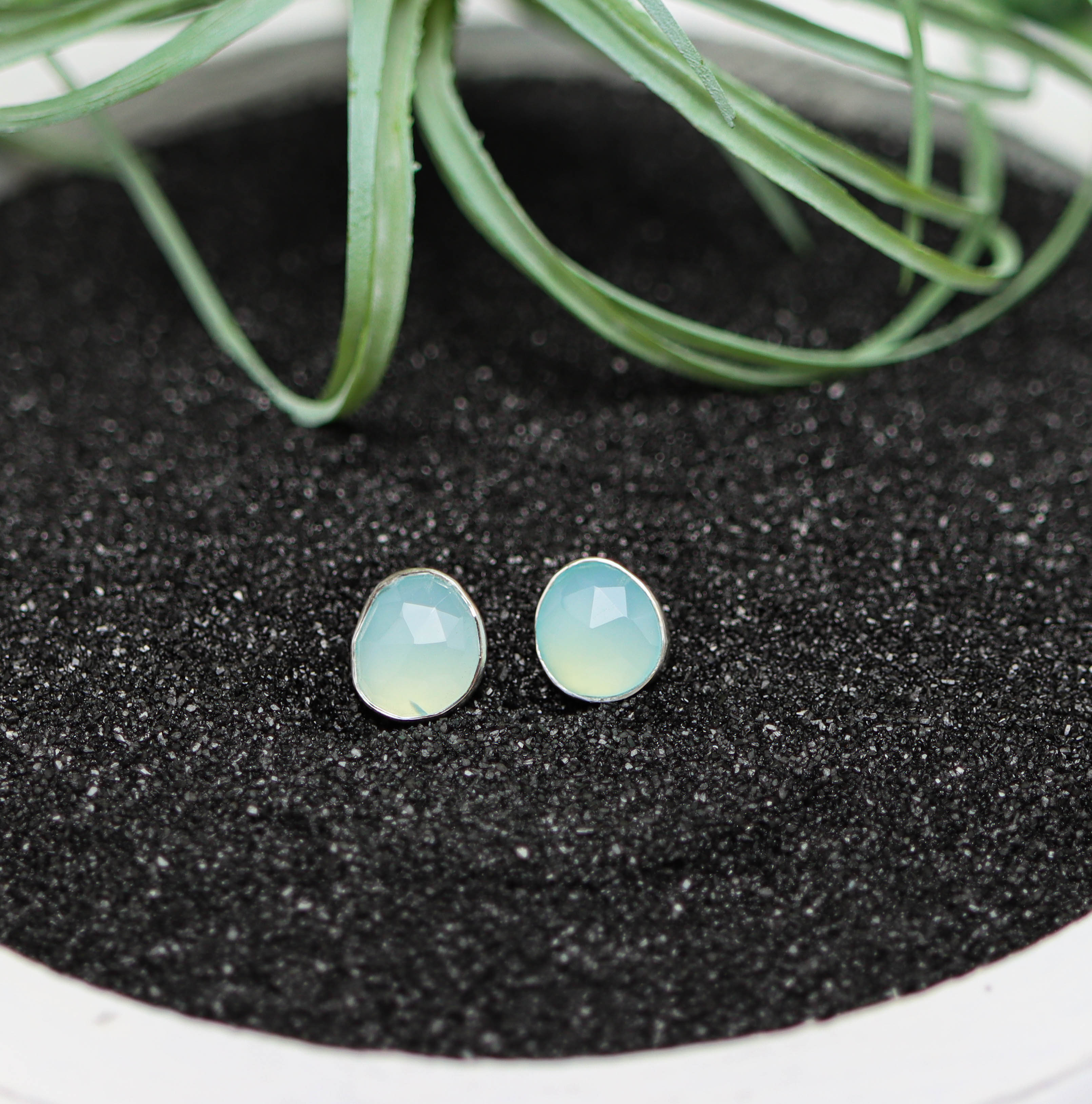 Aqua Chalcedony Stud Earrings Sterling Silver