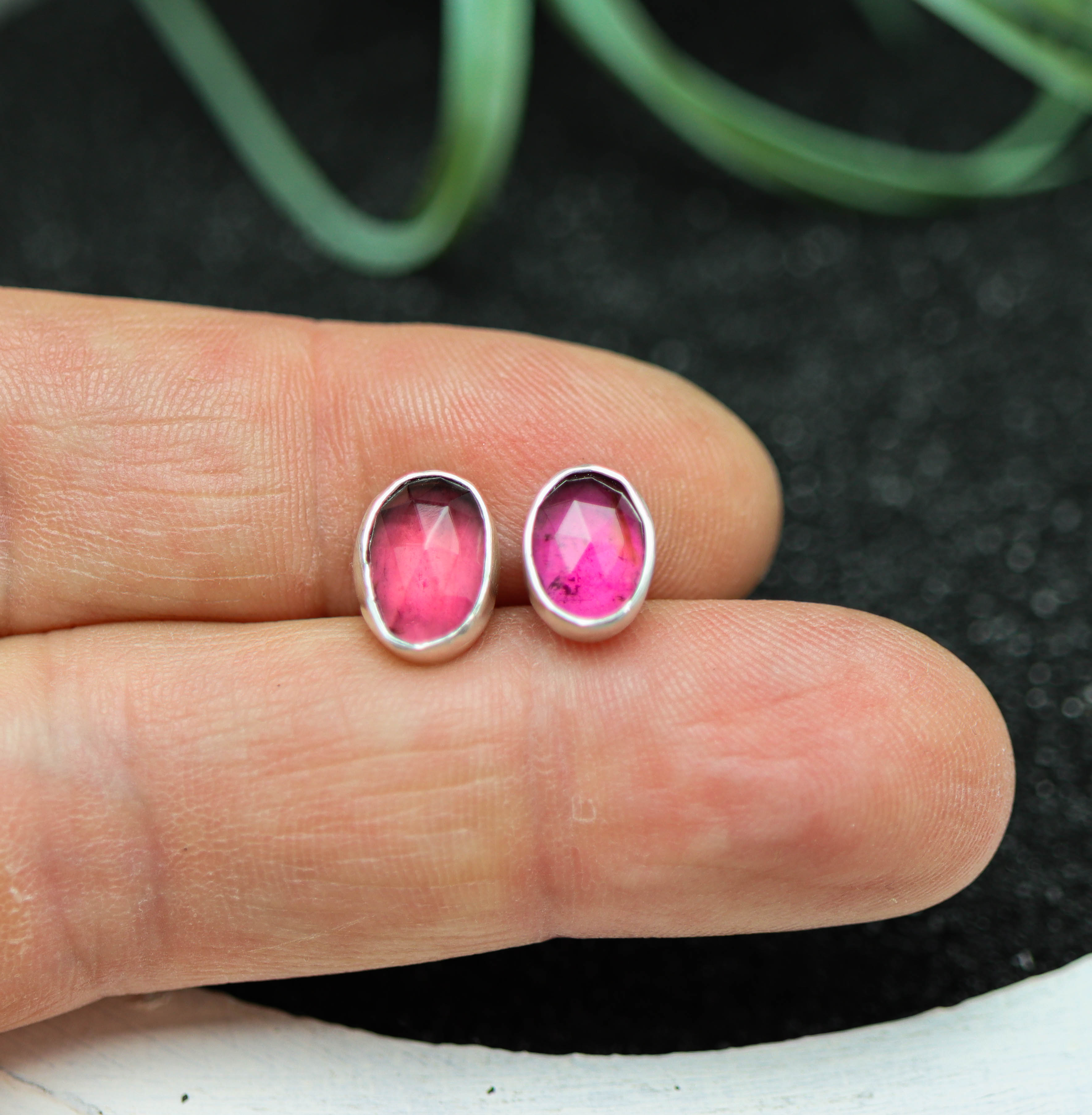 Pink Tourmaline Mismatched Stud Earrings Sterling Silver