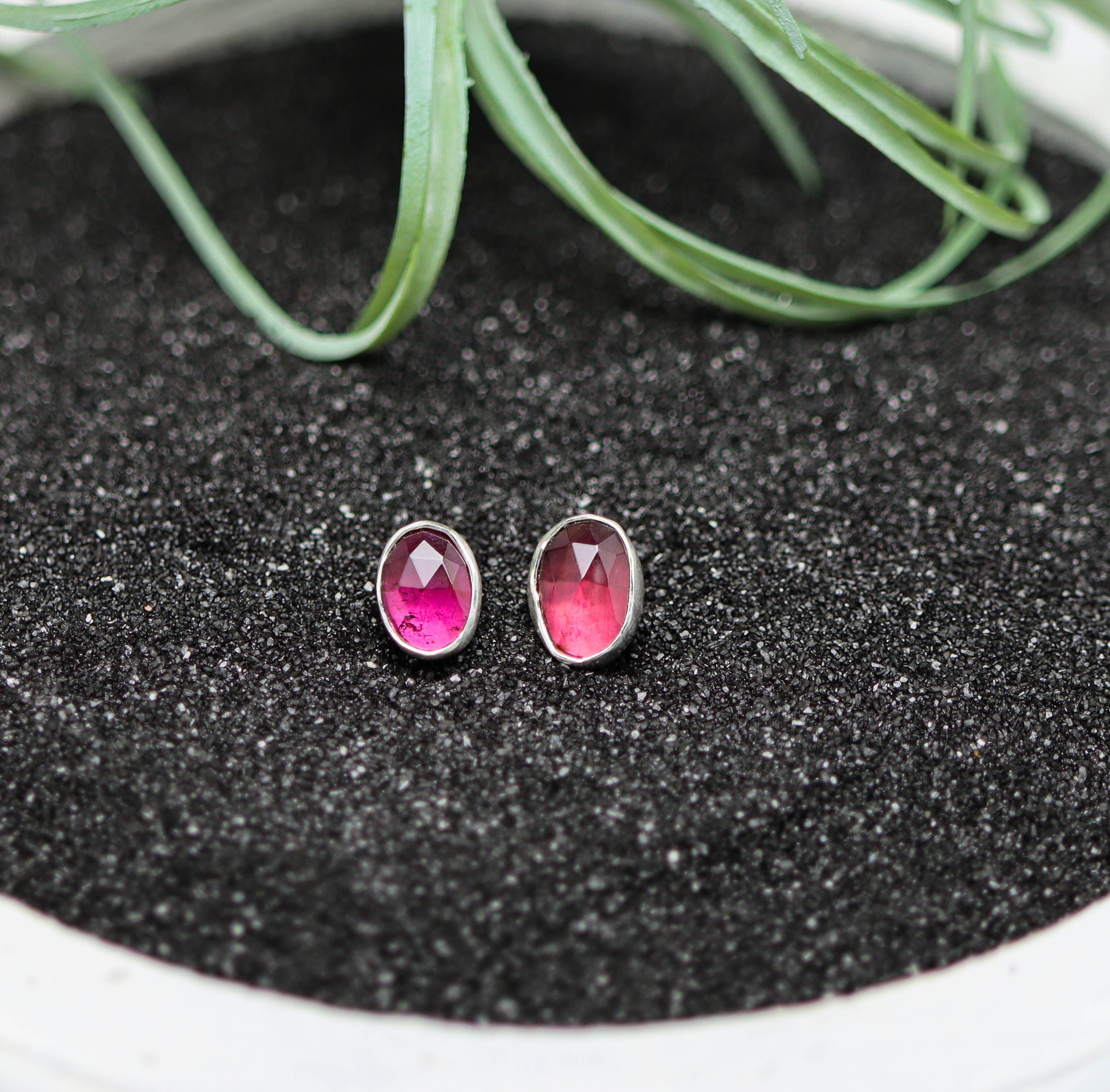 Pink Tourmaline Mismatched Stud Earrings Sterling Silver