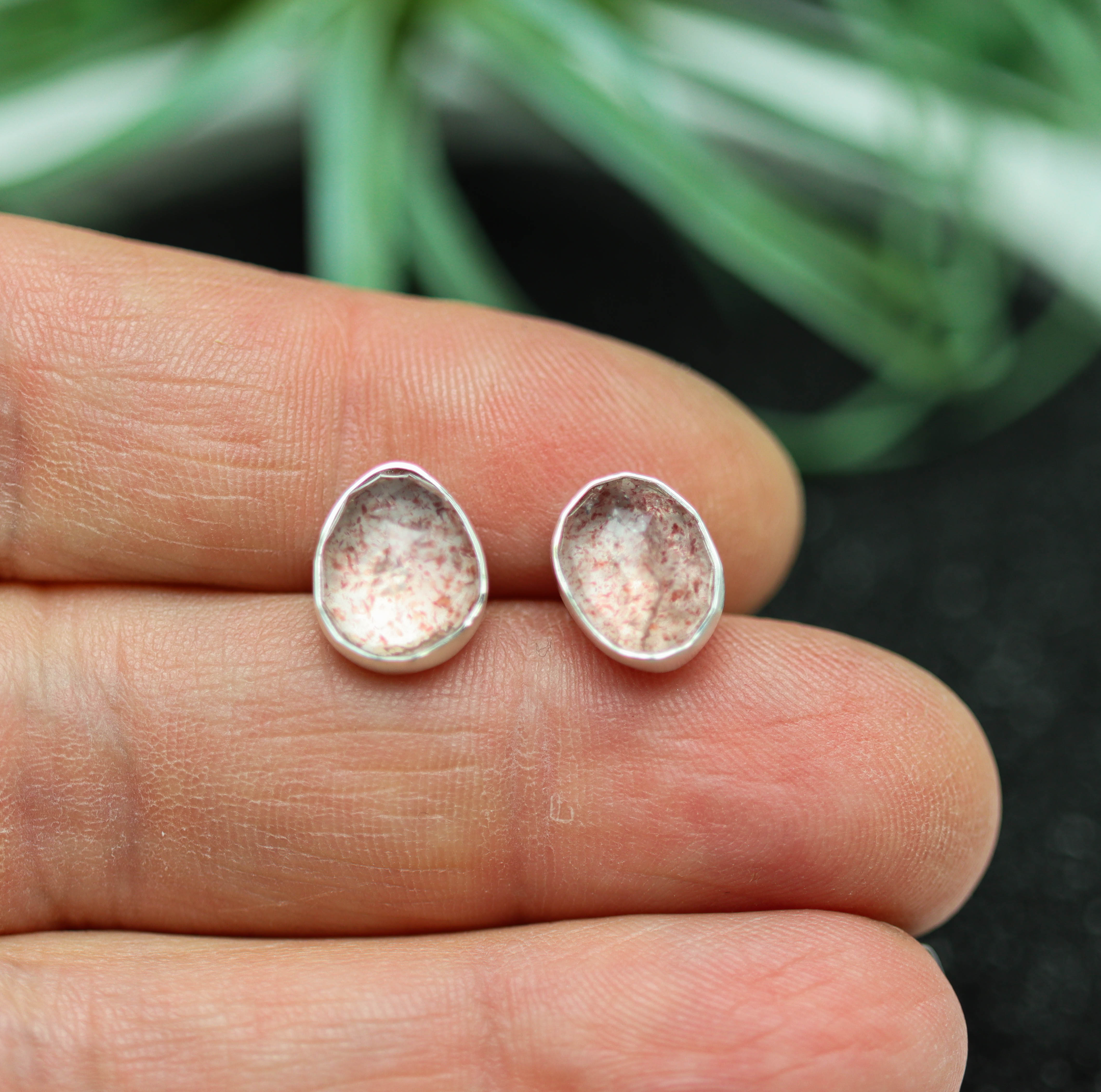Strawberry Quartz Stud Earrings Sterling Silver