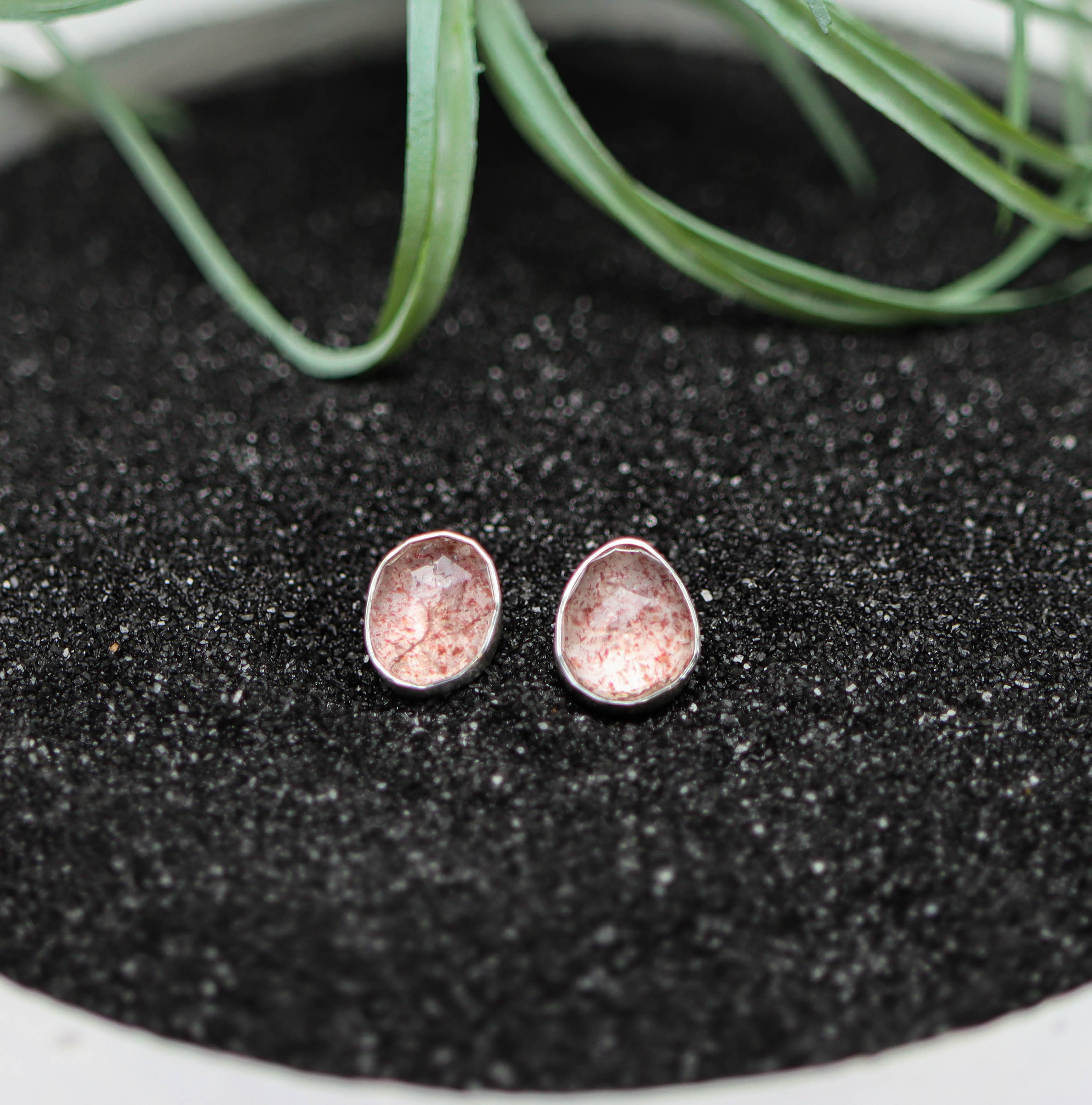 Strawberry Quartz Stud Earrings Sterling Silver