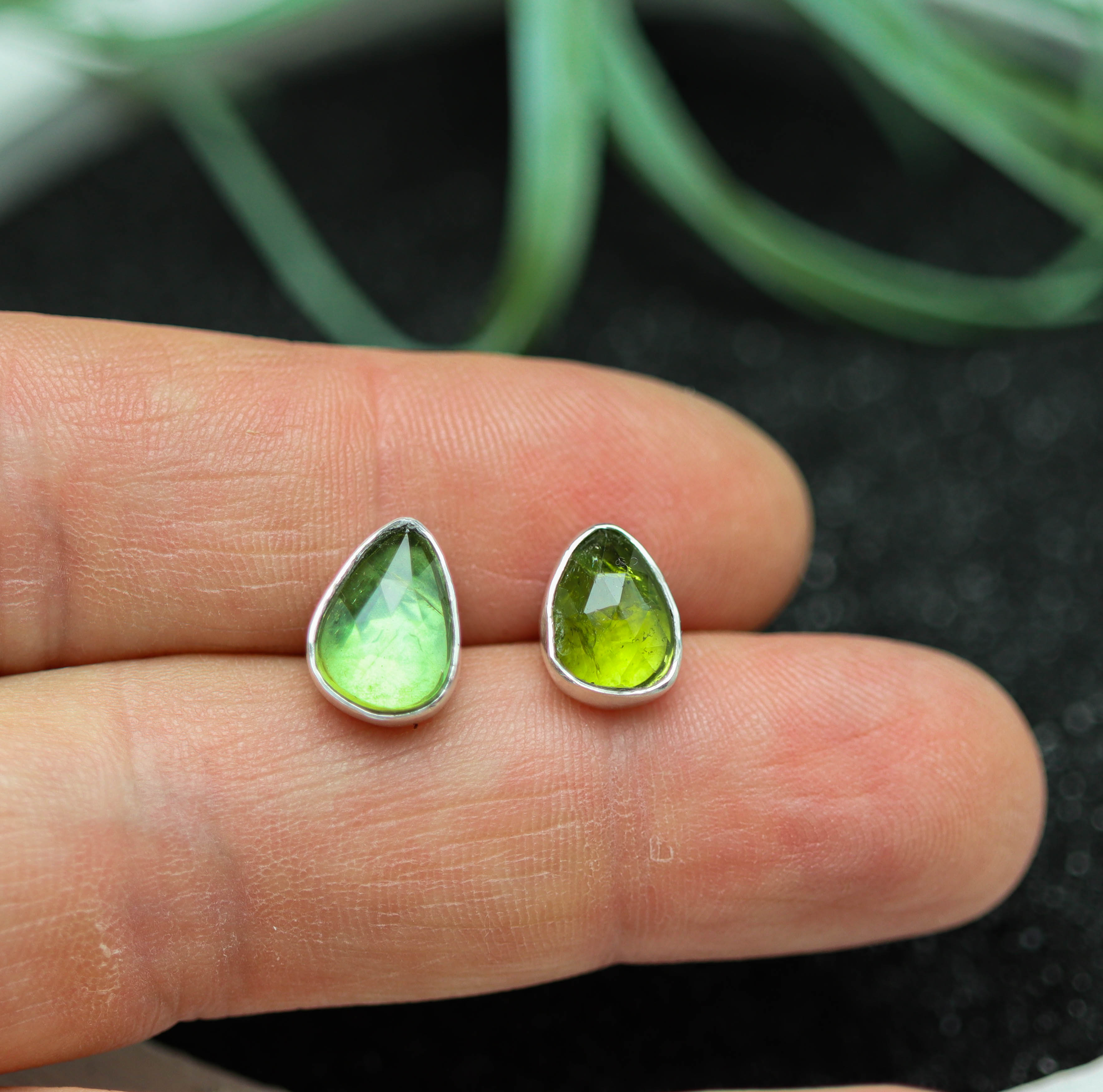 Green Tourmaline Stud Earrings Sterling Silver