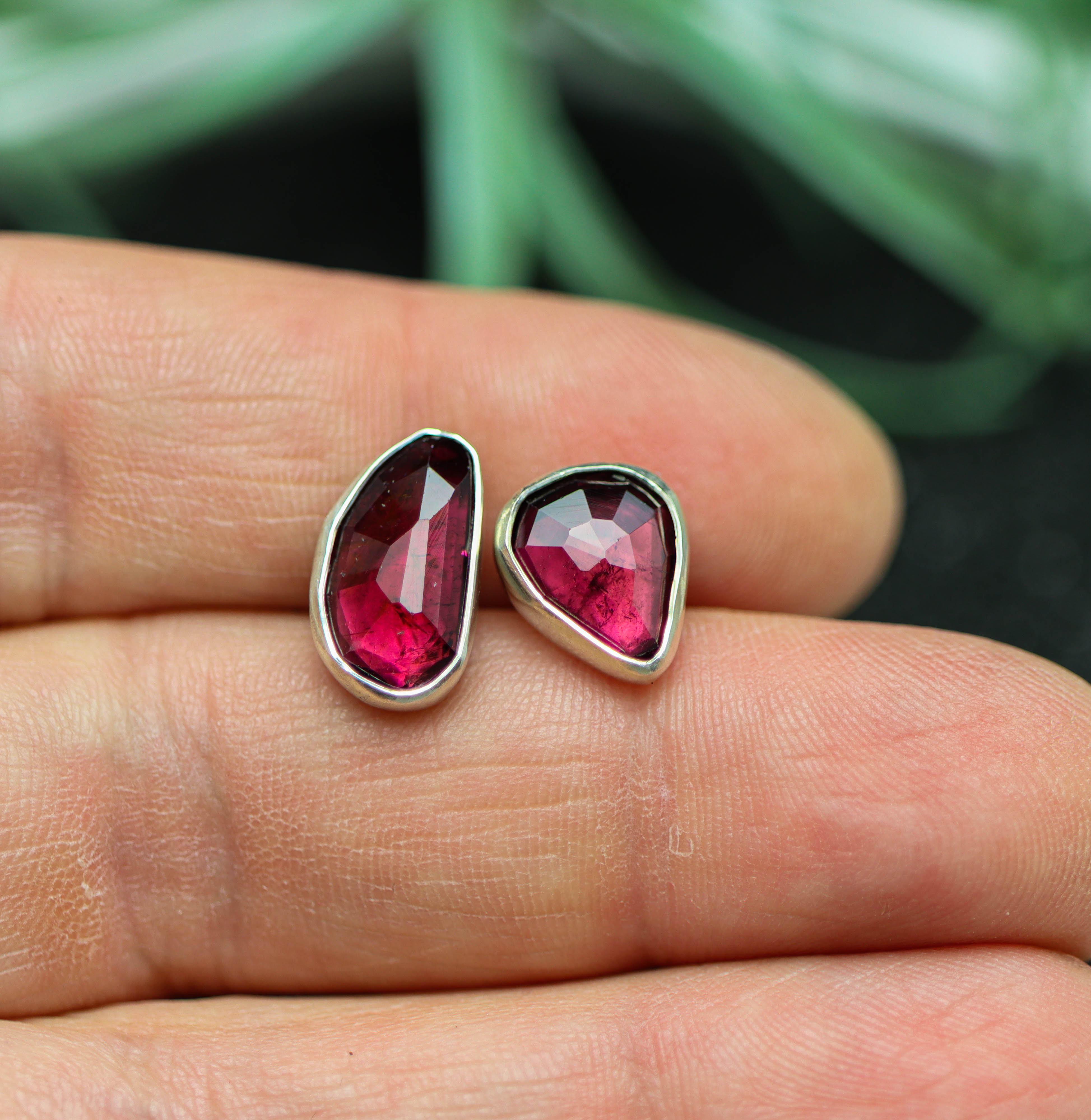 Dark Pink Tourmaline Mismatched Stud Earrings Sterling Silver