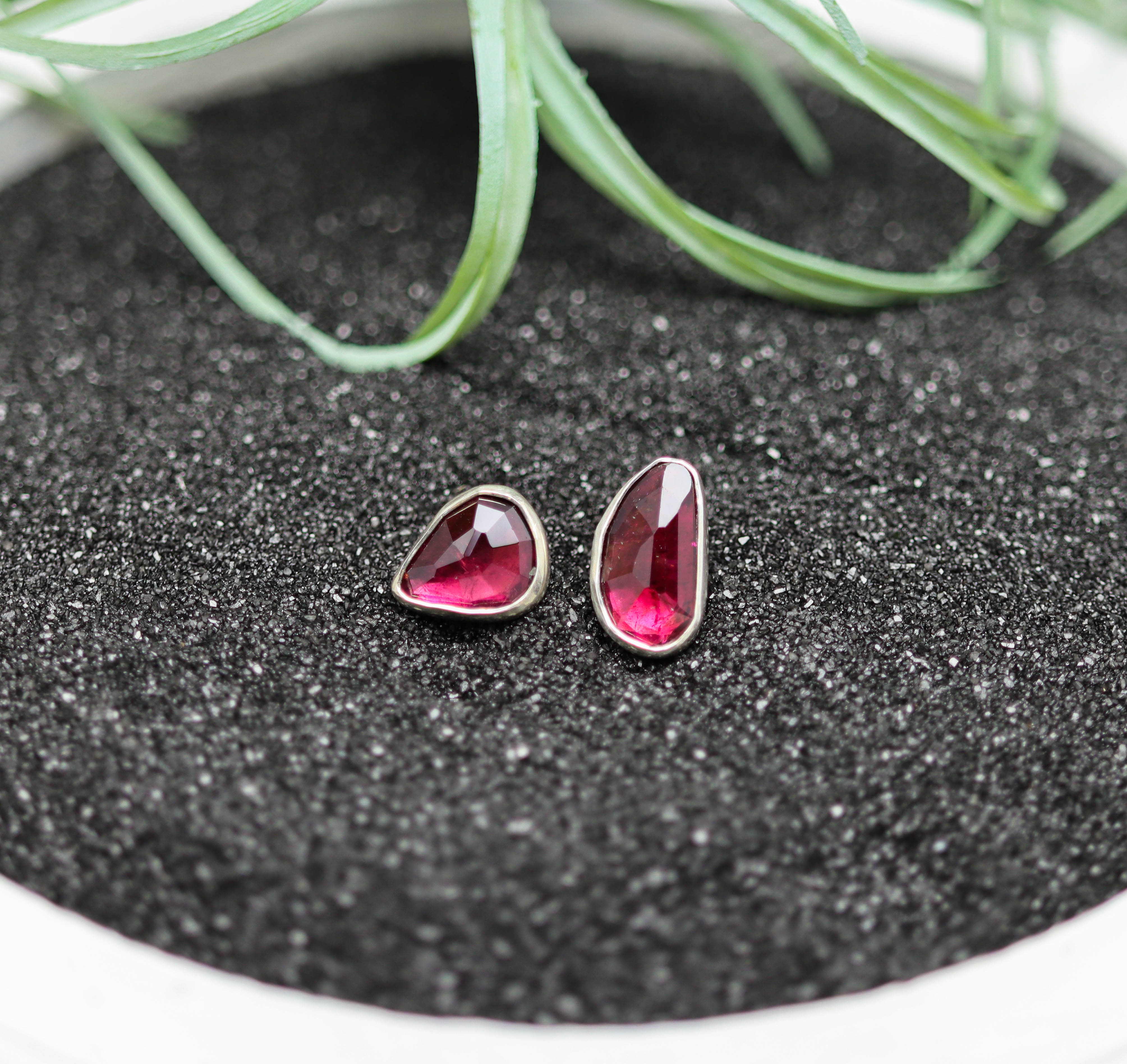 Dark Pink Tourmaline Mismatched Stud Earrings Sterling Silver