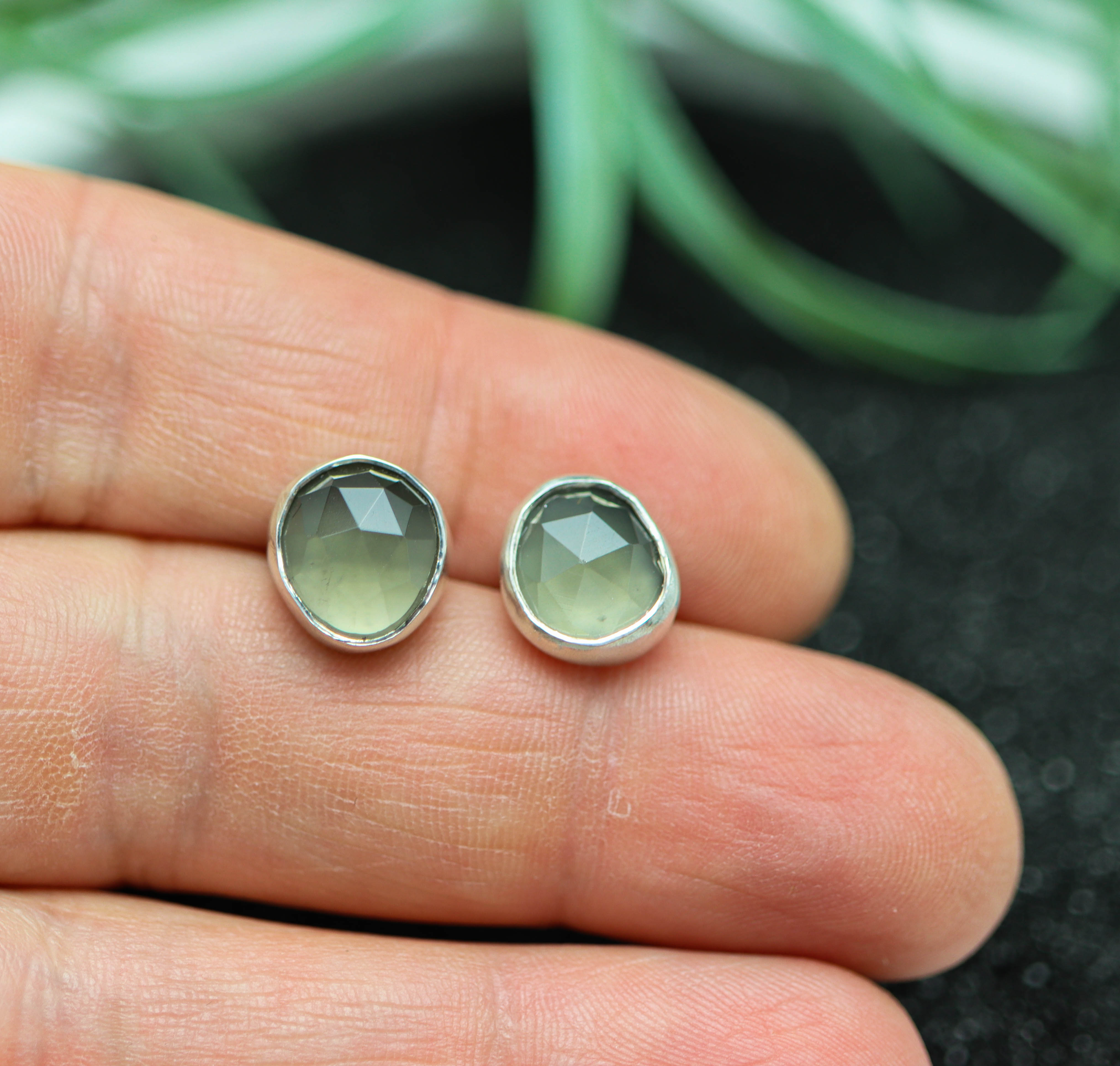 Grey Moonstone Stud Earrings Sterling Silver