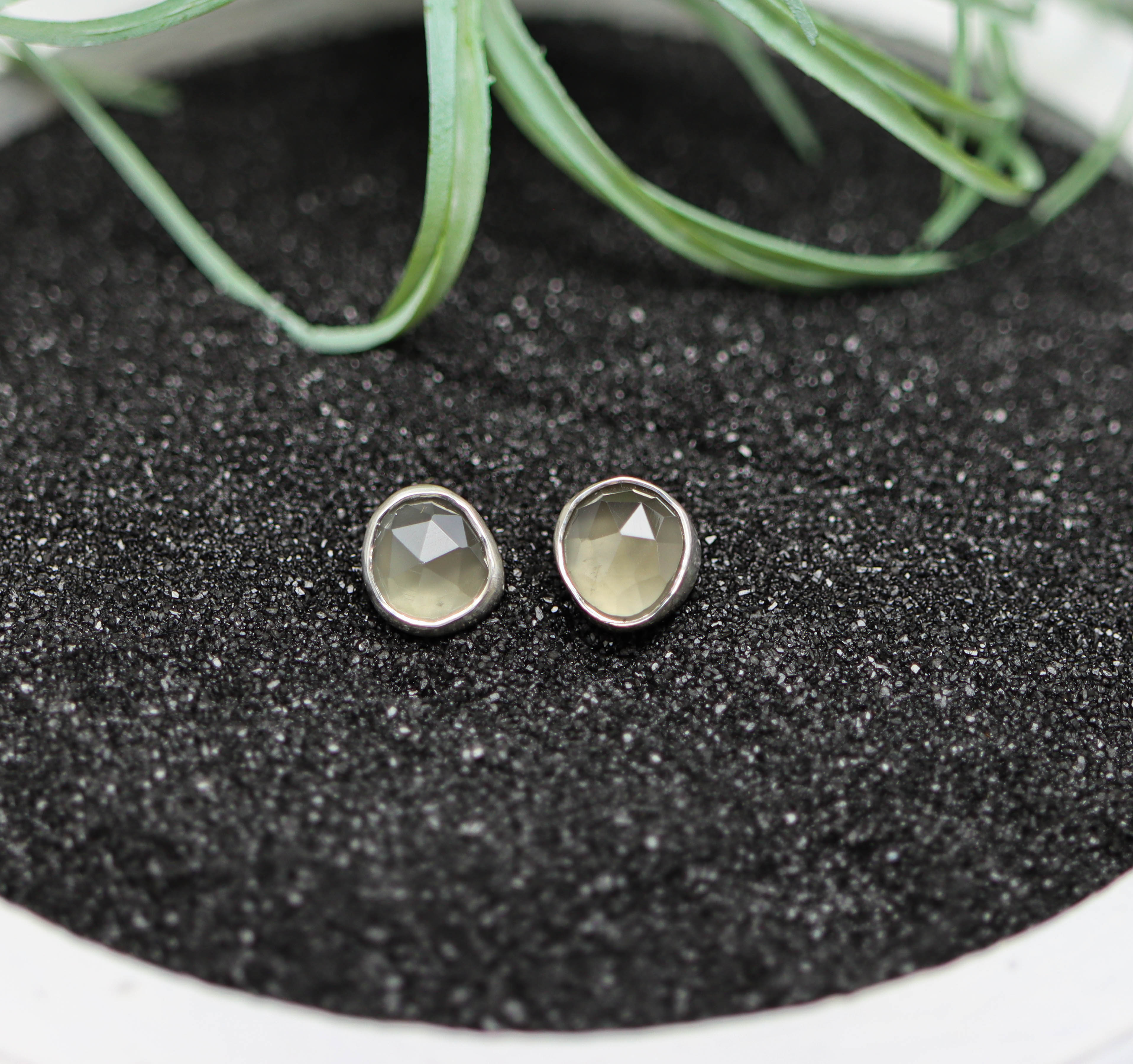 Grey Moonstone Stud Earrings Sterling Silver