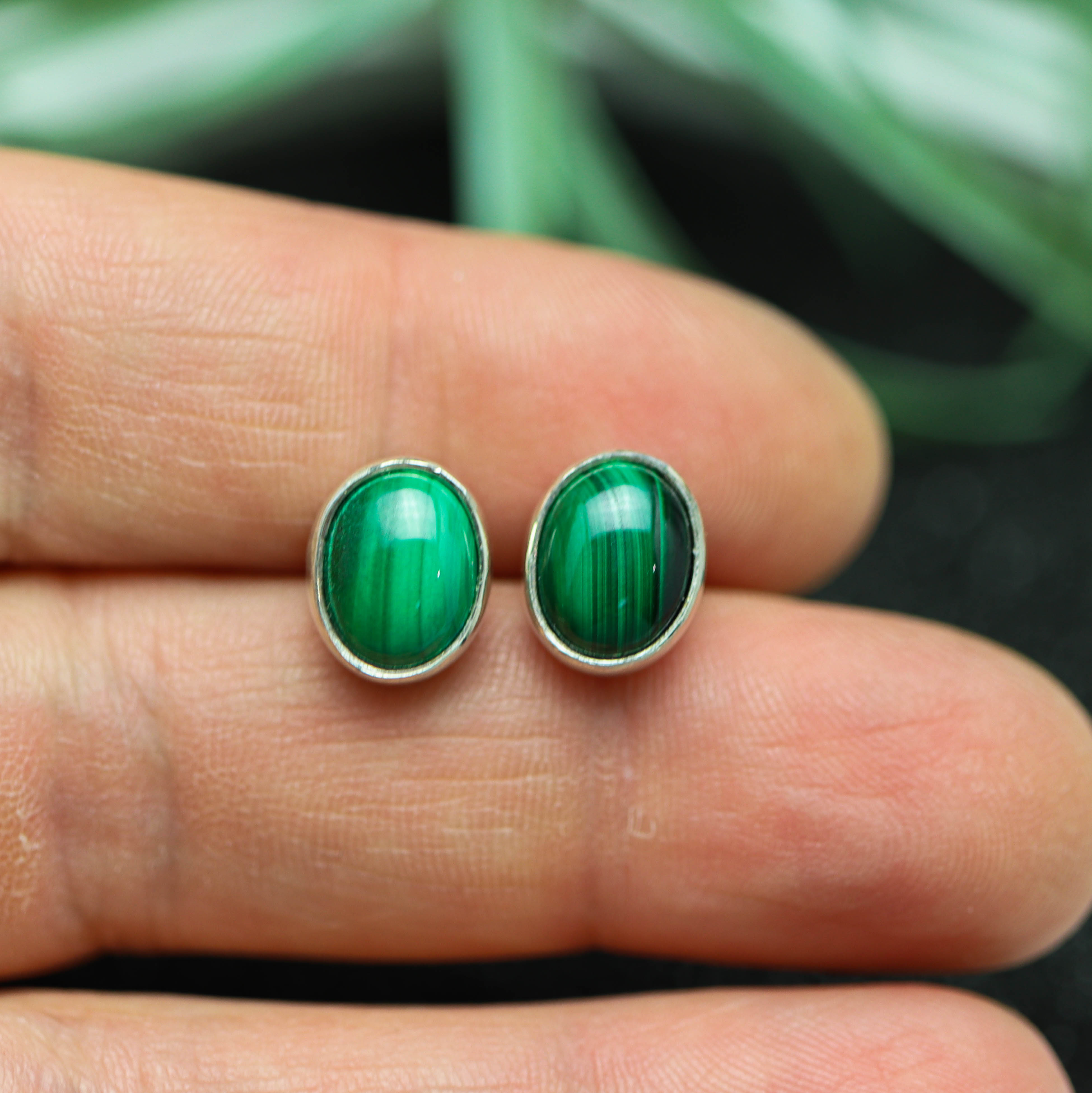 Green Malachite Stud Earrings Sterling Silver