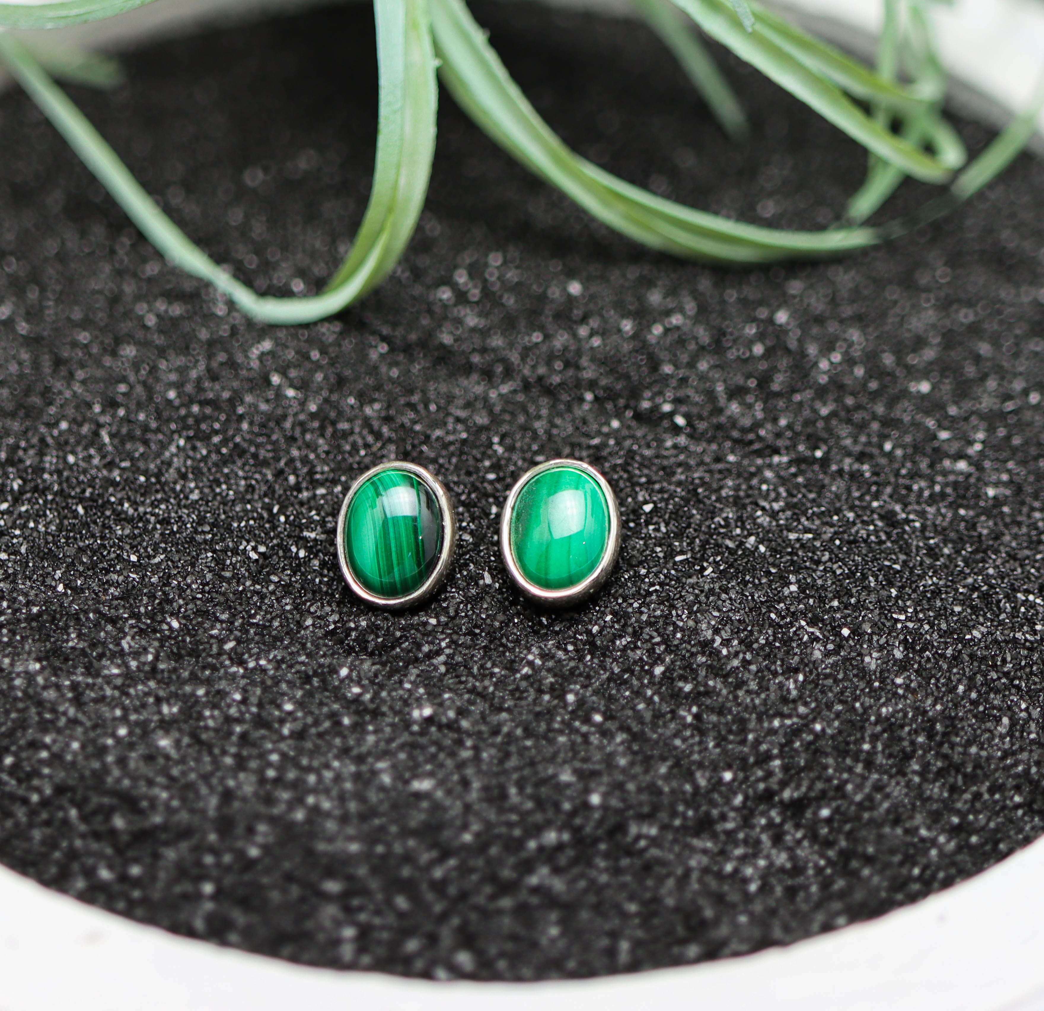 Green Malachite Stud Earrings Sterling Silver