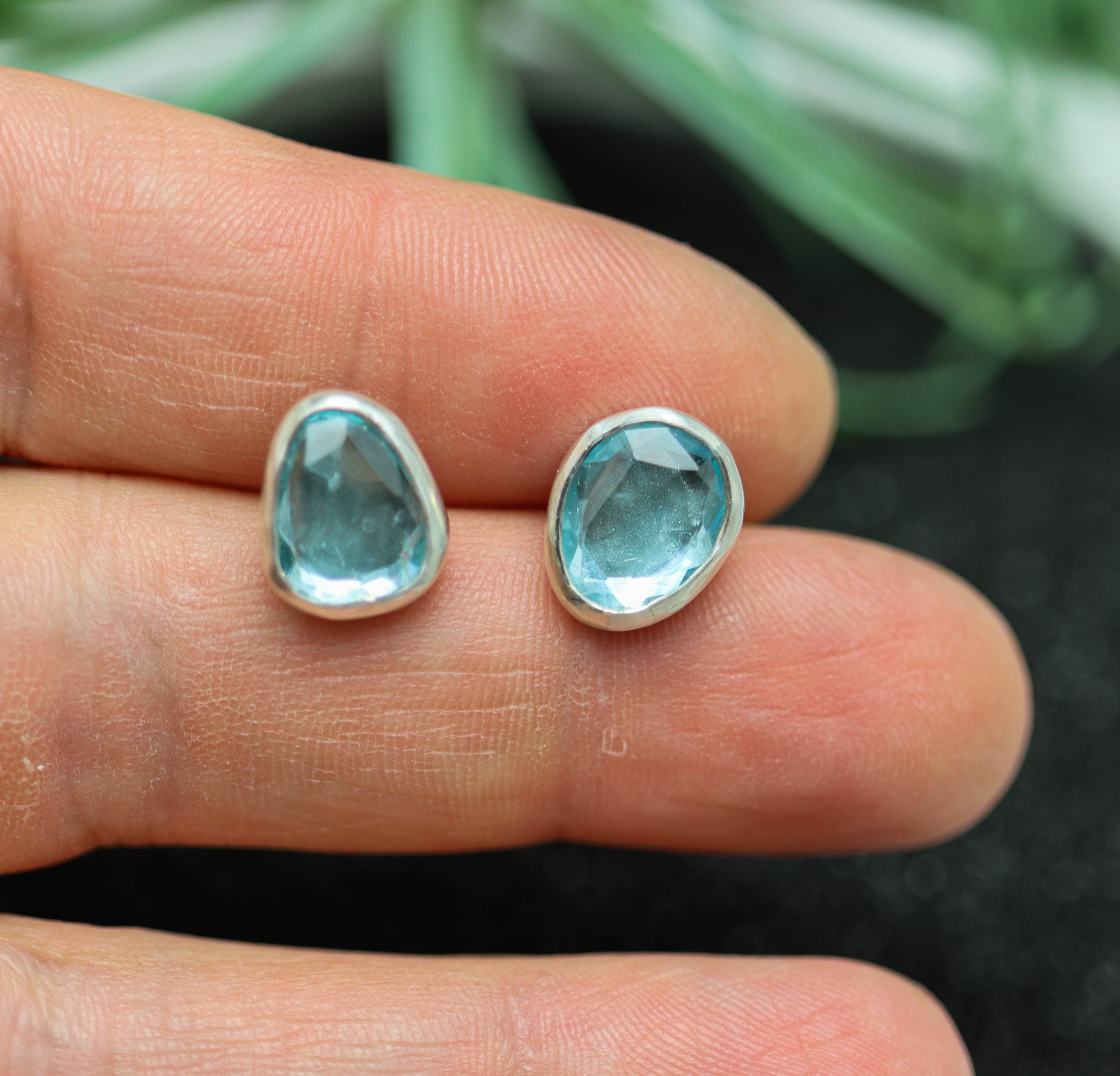 Sparkly Blue Topaz Stud Earrings Sterling Silver