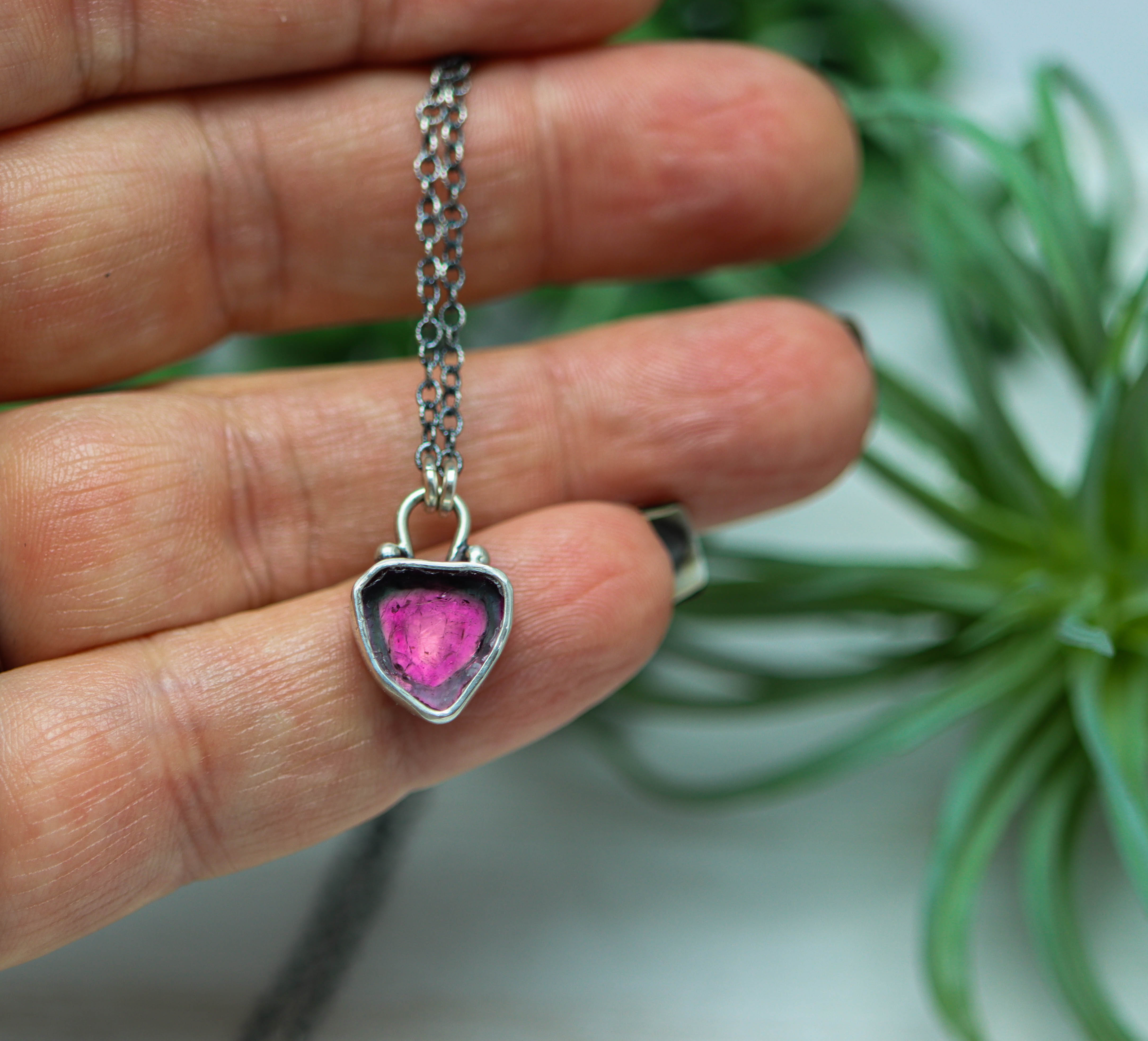 Raw Watermelon Tourmaline Slice Pendant Necklace Sterling Silver