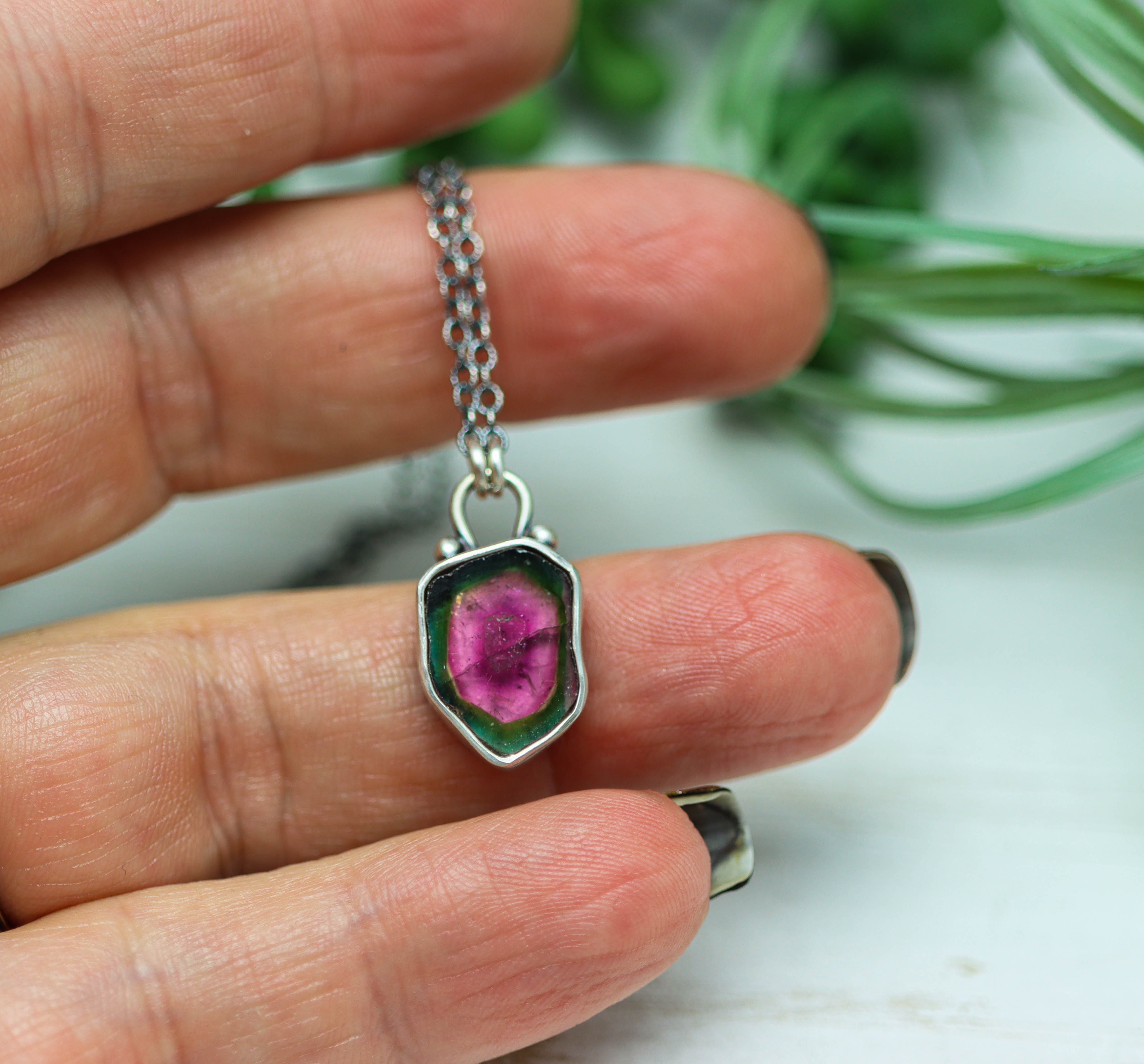 Raw Watermelon Tourmaline Slice Pendant Necklace Sterling Silver
