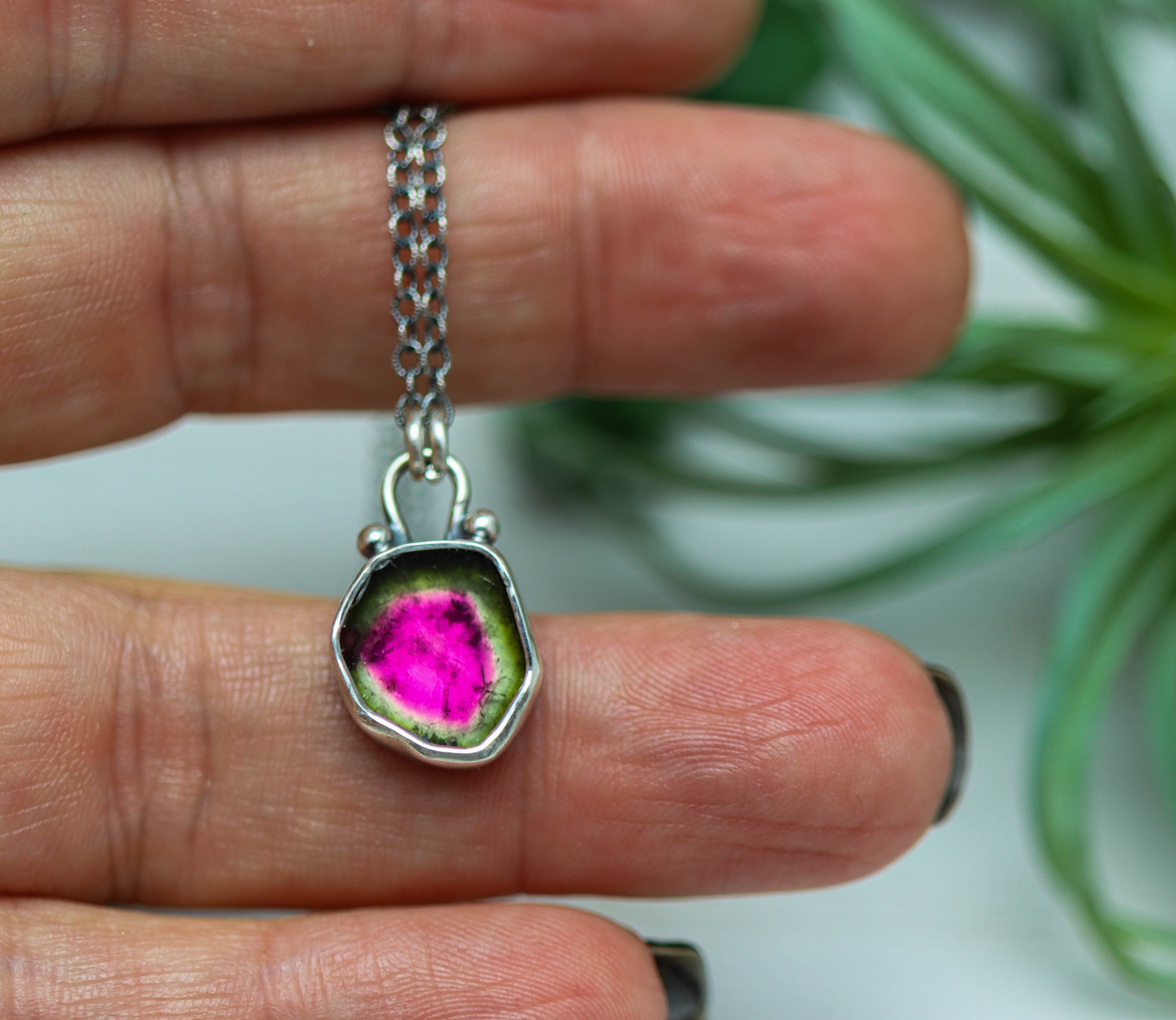 Raw Watermelon Tourmaline Slice Pendant Necklace Sterling Silver