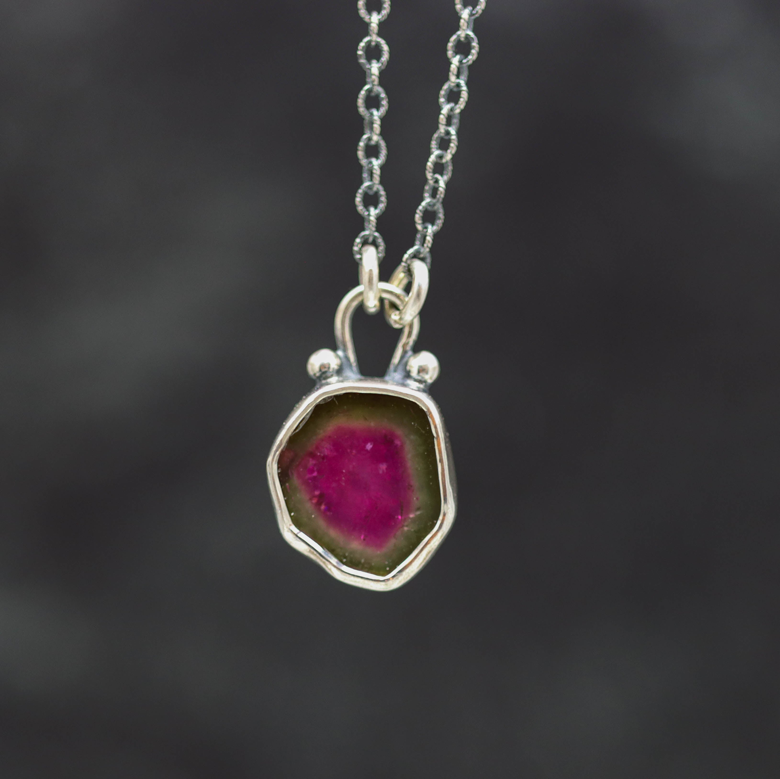 Raw Watermelon Tourmaline Slice Pendant Necklace Sterling Silver