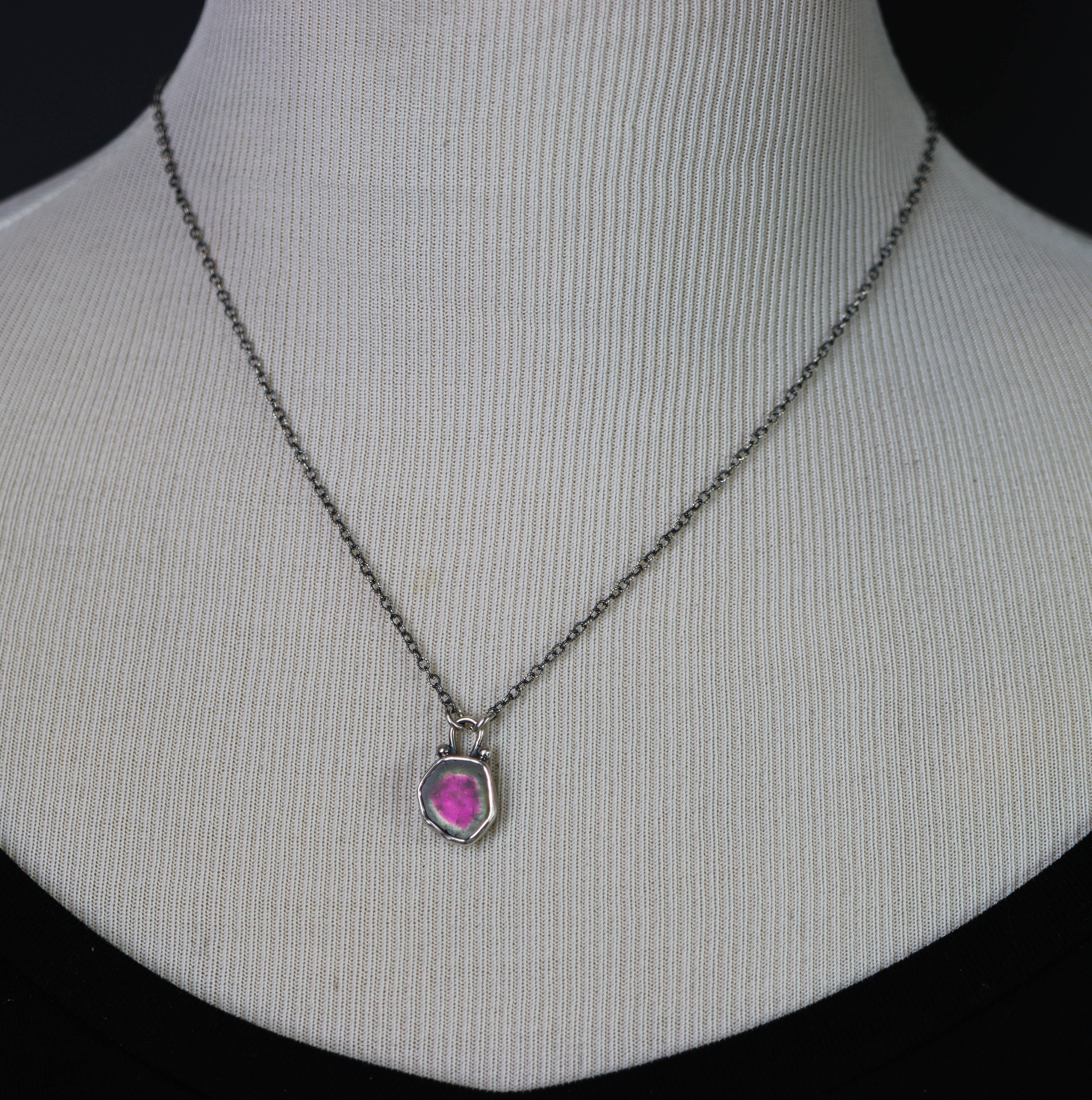Raw Watermelon Tourmaline Slice Pendant Necklace Sterling Silver