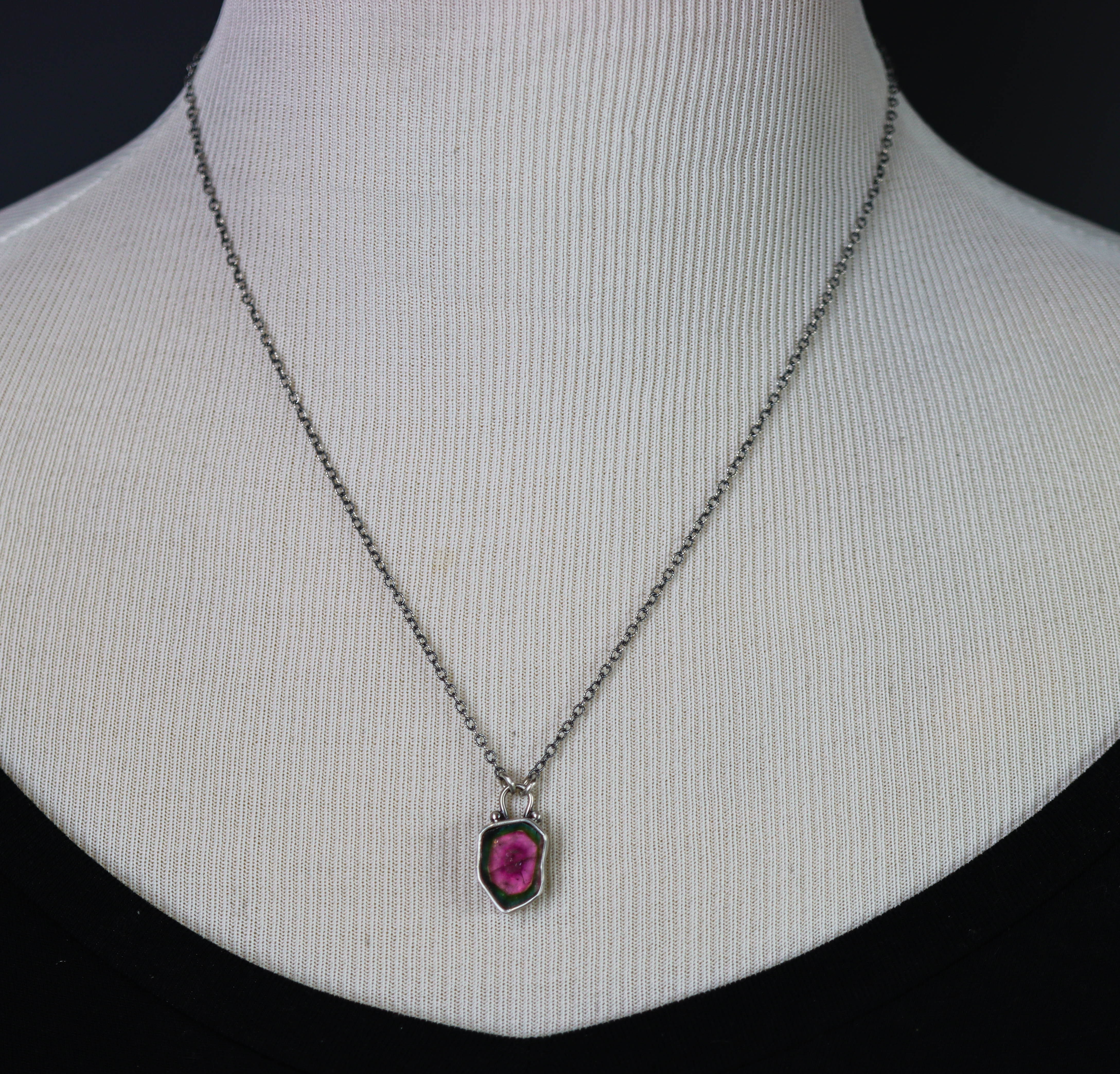 Raw Watermelon Tourmaline Slice Pendant Necklace Sterling Silver