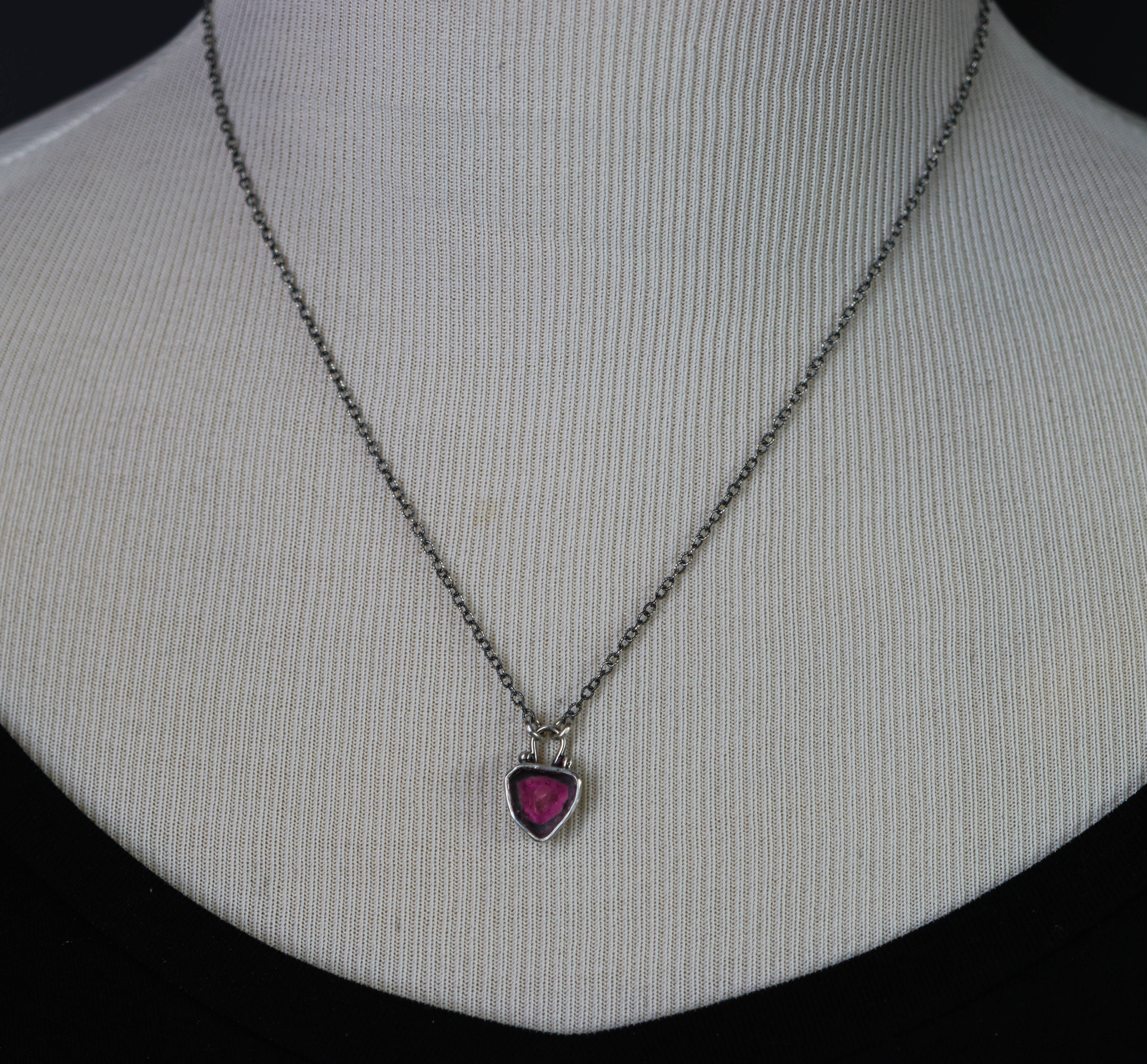 Raw Watermelon Tourmaline Slice Pendant Necklace Sterling Silver