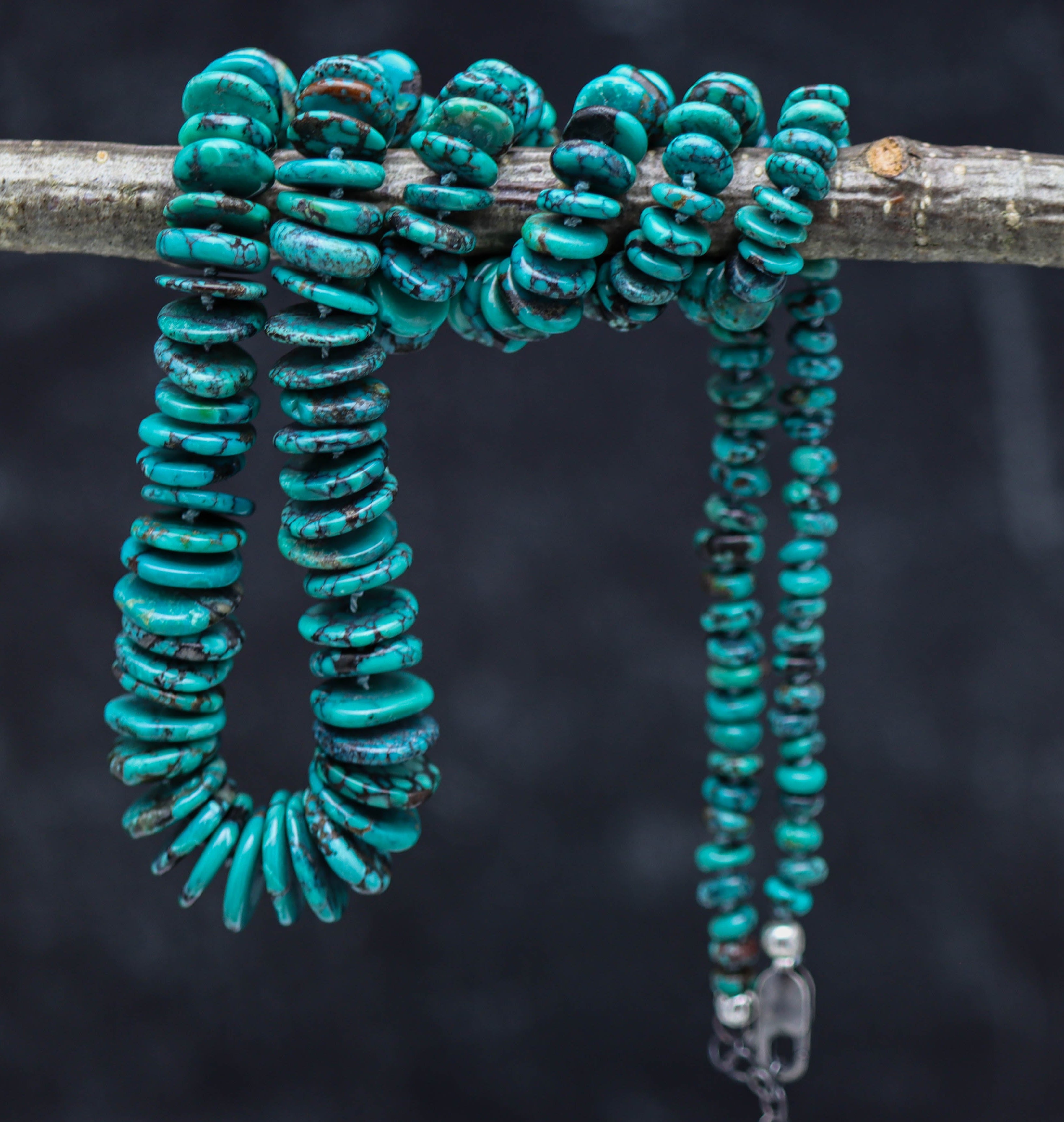 Turquoise beaded bracelet with a chain on a branch against a dark background