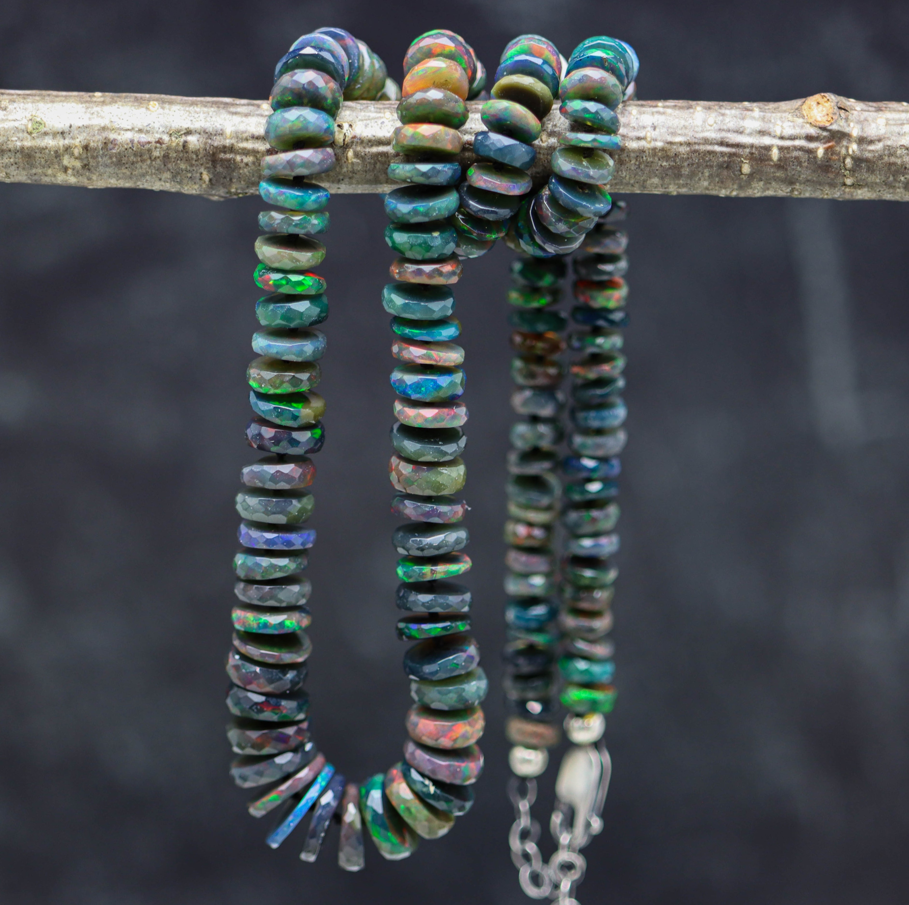 Black opal necklace on a branch with a dark background