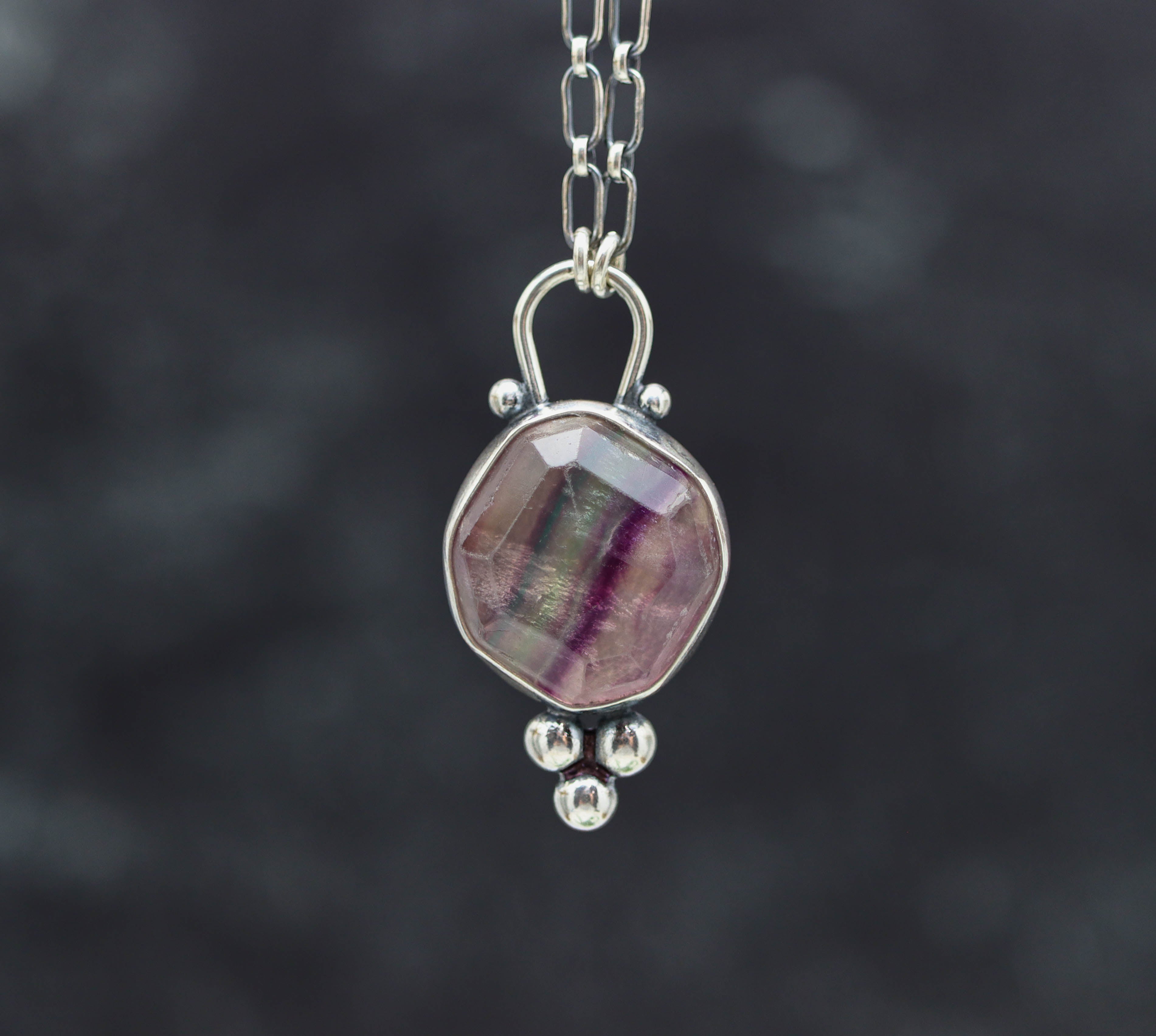 Rainbow Fluorite Pendant Necklace Sterling Silver