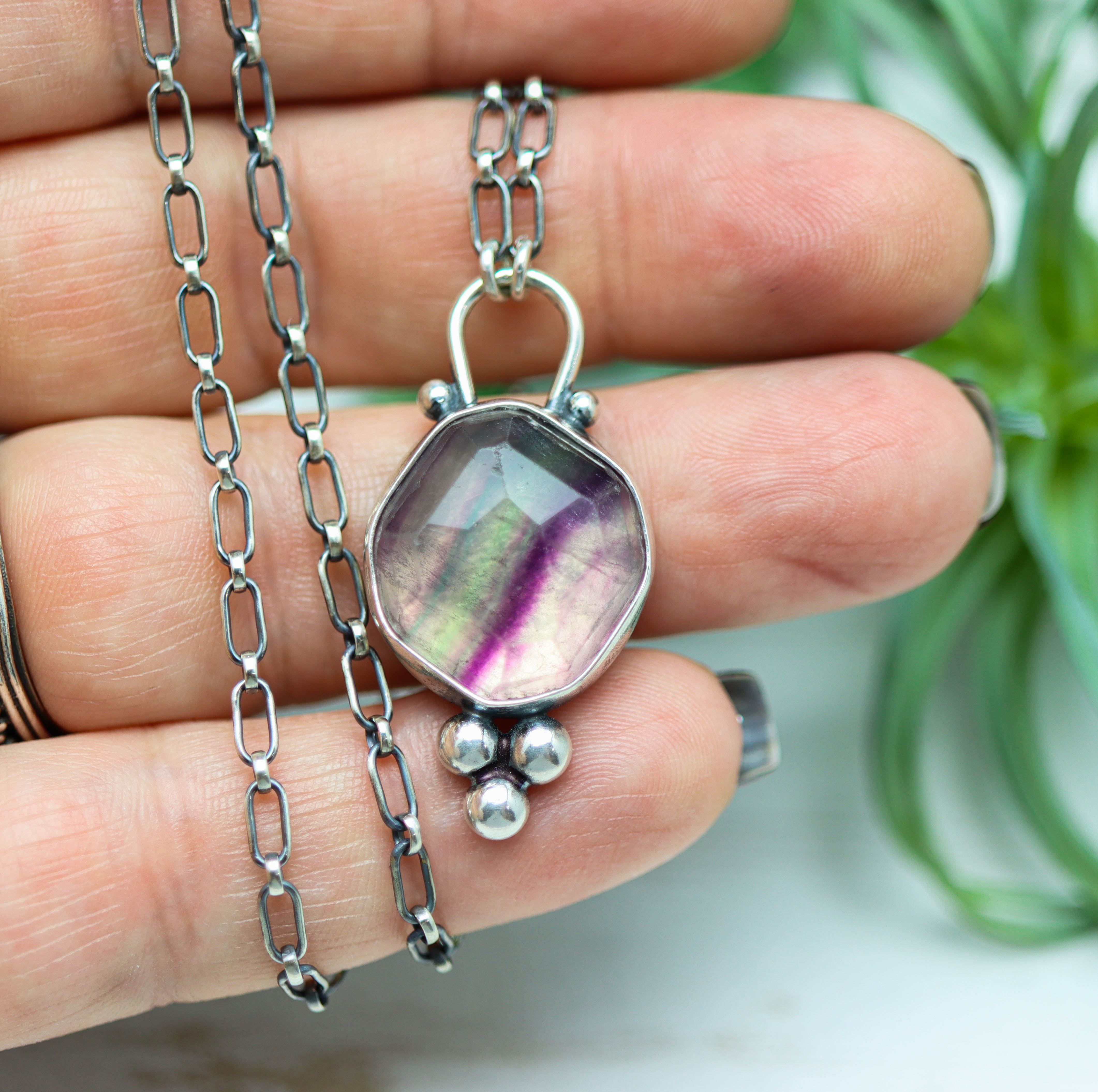 Rainbow Fluorite Pendant Necklace Sterling Silver