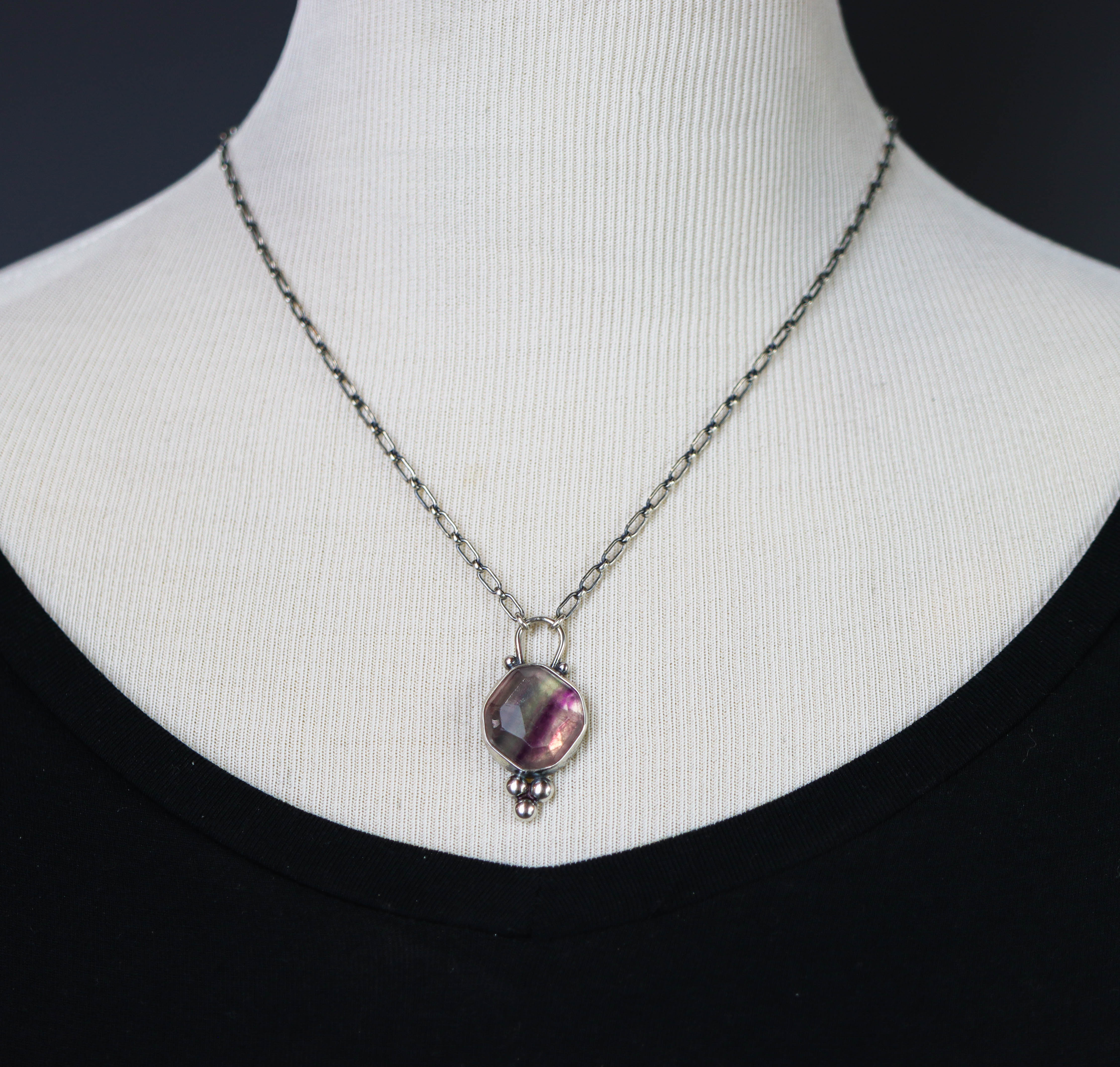 Rainbow Fluorite Pendant Necklace Sterling Silver