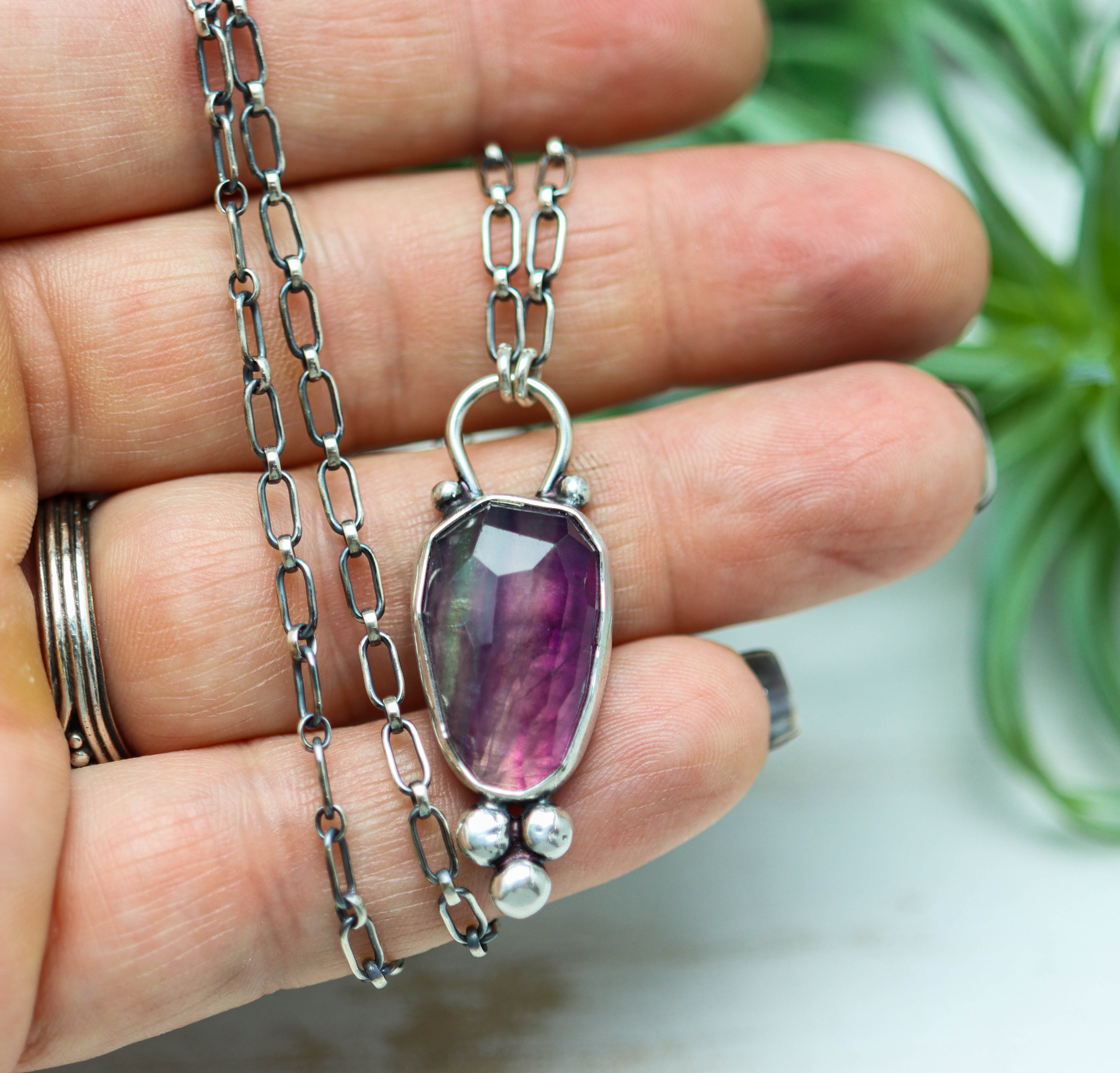 Rainbow Fluorite Pendant Necklace Sterling Silver