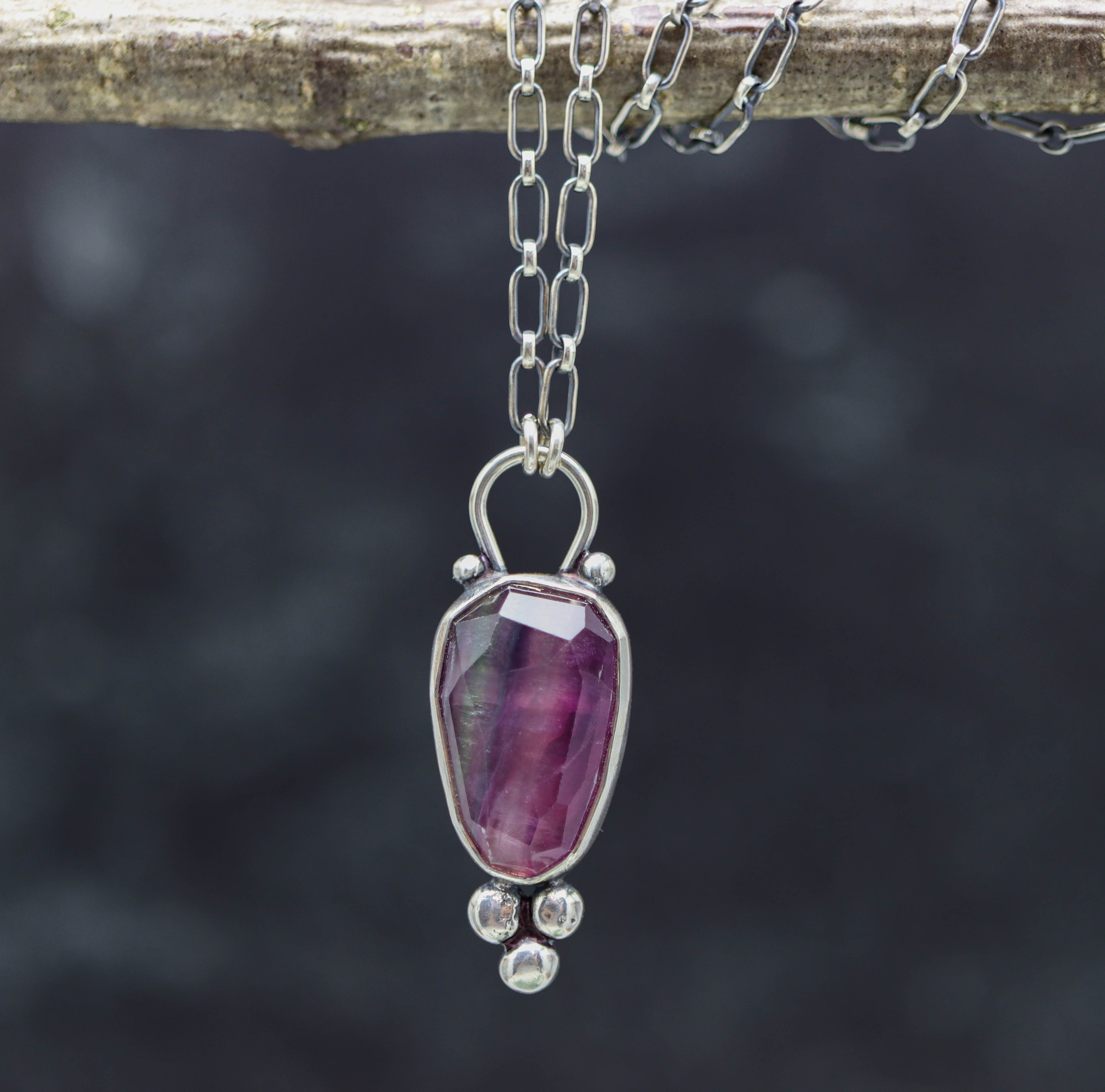 Rainbow Fluorite Pendant Necklace Sterling Silver