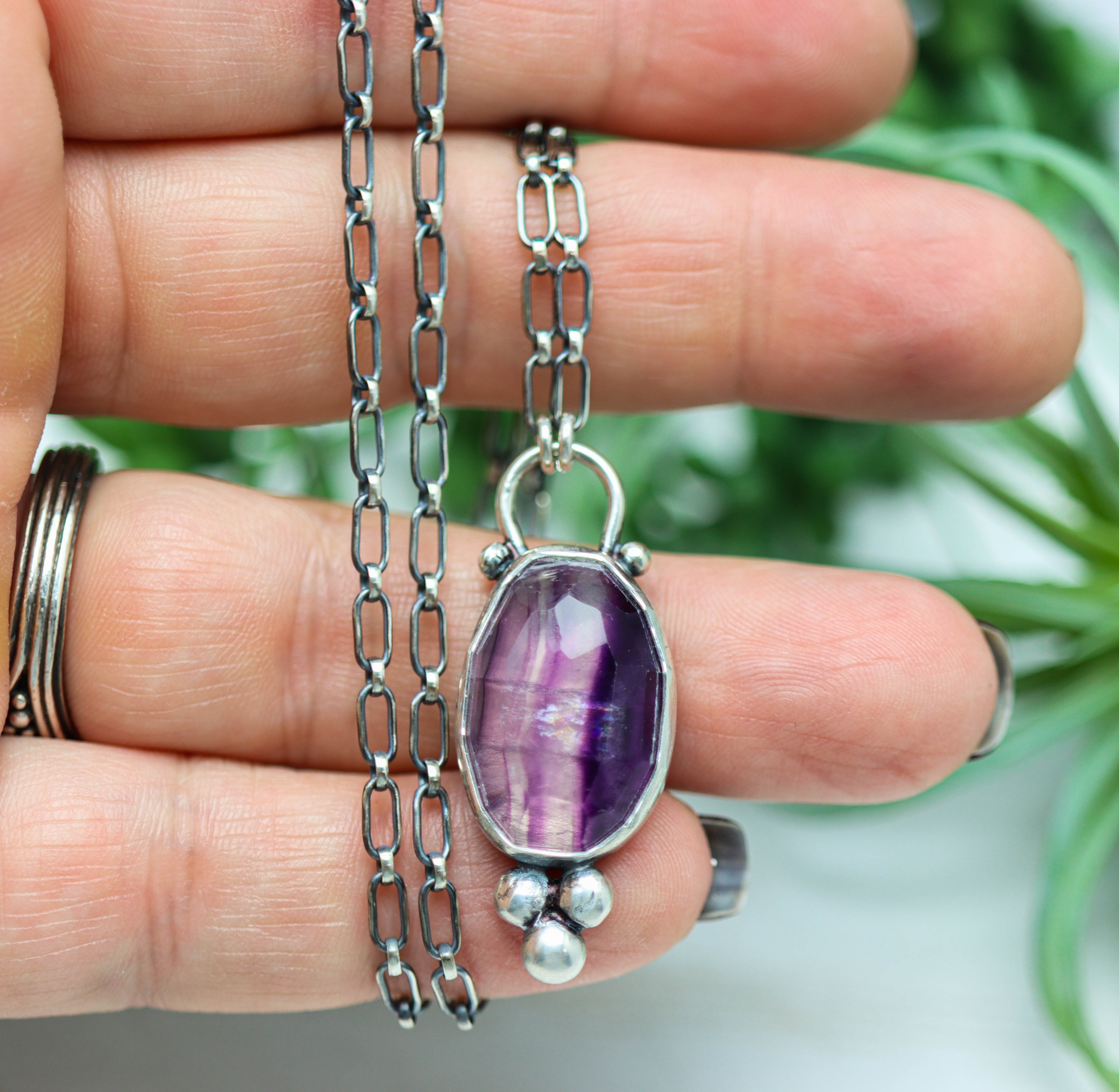 Rainbow Fluorite Pendant Necklace Sterling Silver