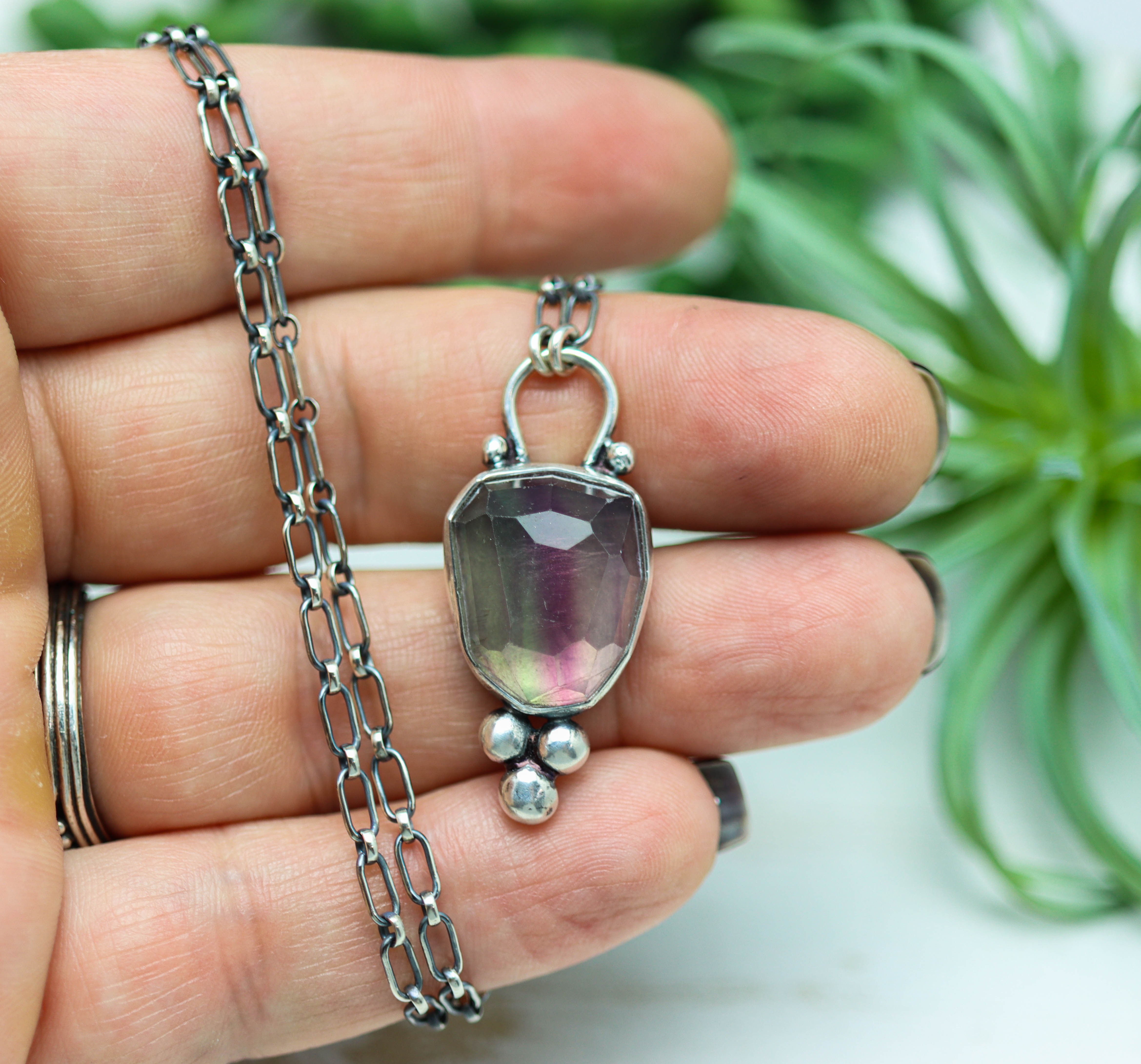 Rainbow Fluorite Pendant Necklace Sterling Silver
