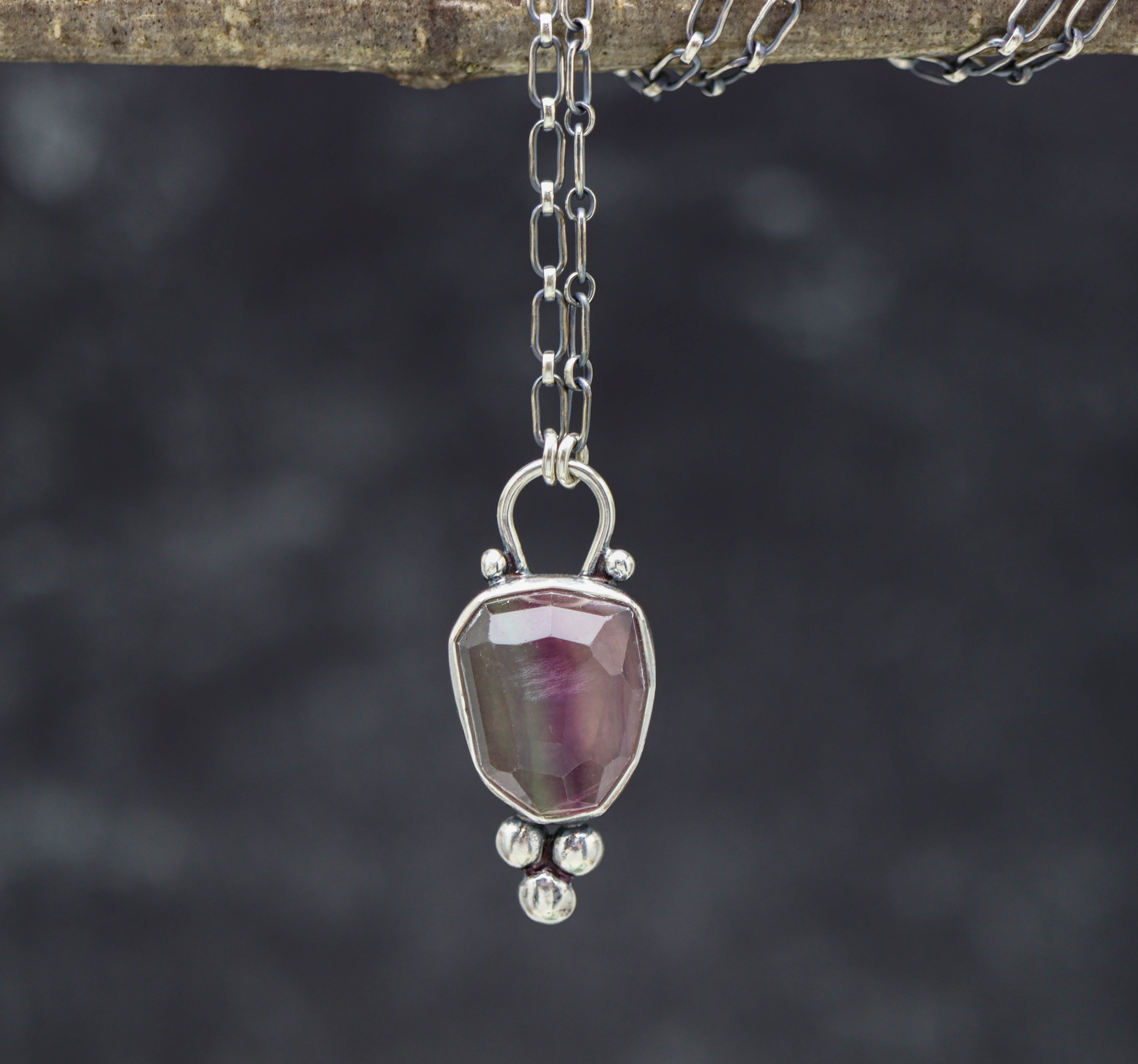 Rainbow Fluorite Pendant Necklace Sterling Silver