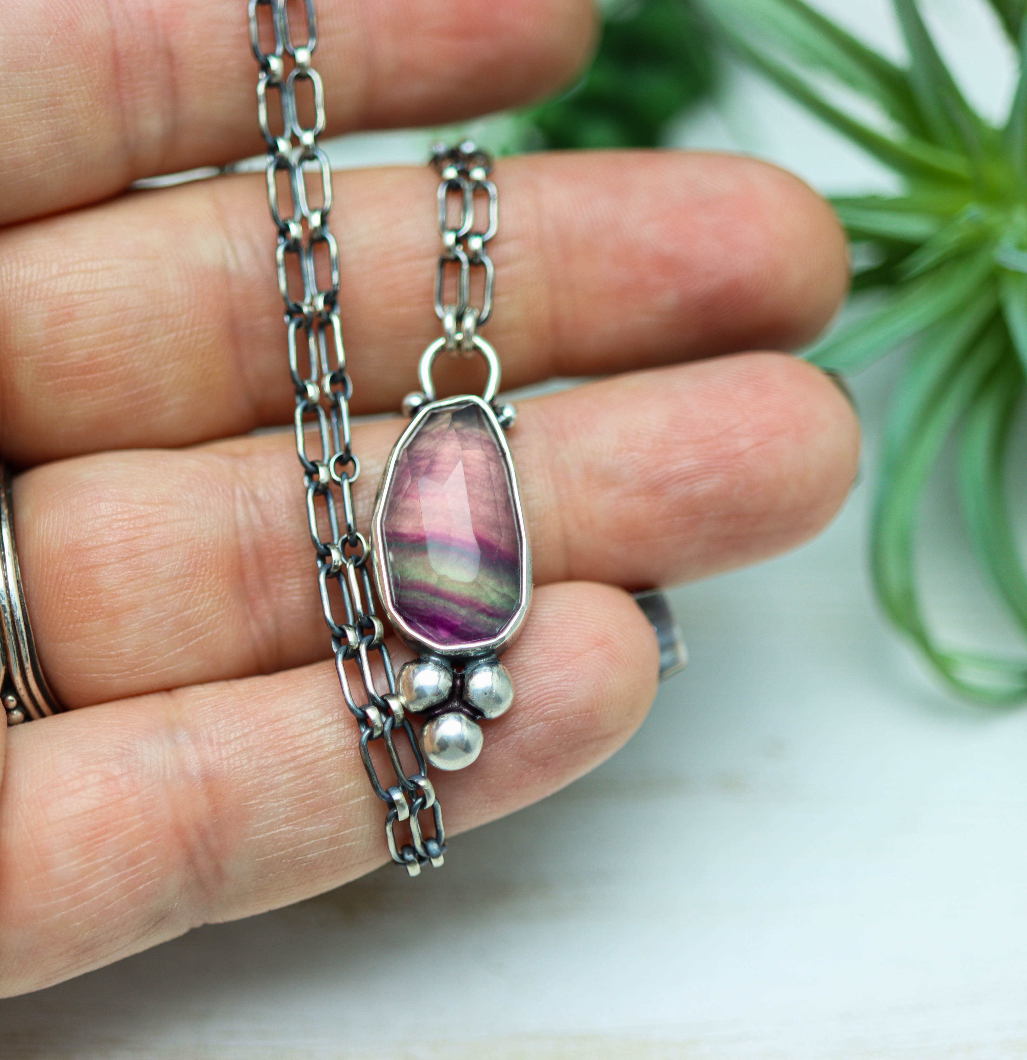 Rainbow Fluorite Pendant Necklace Sterling Silver