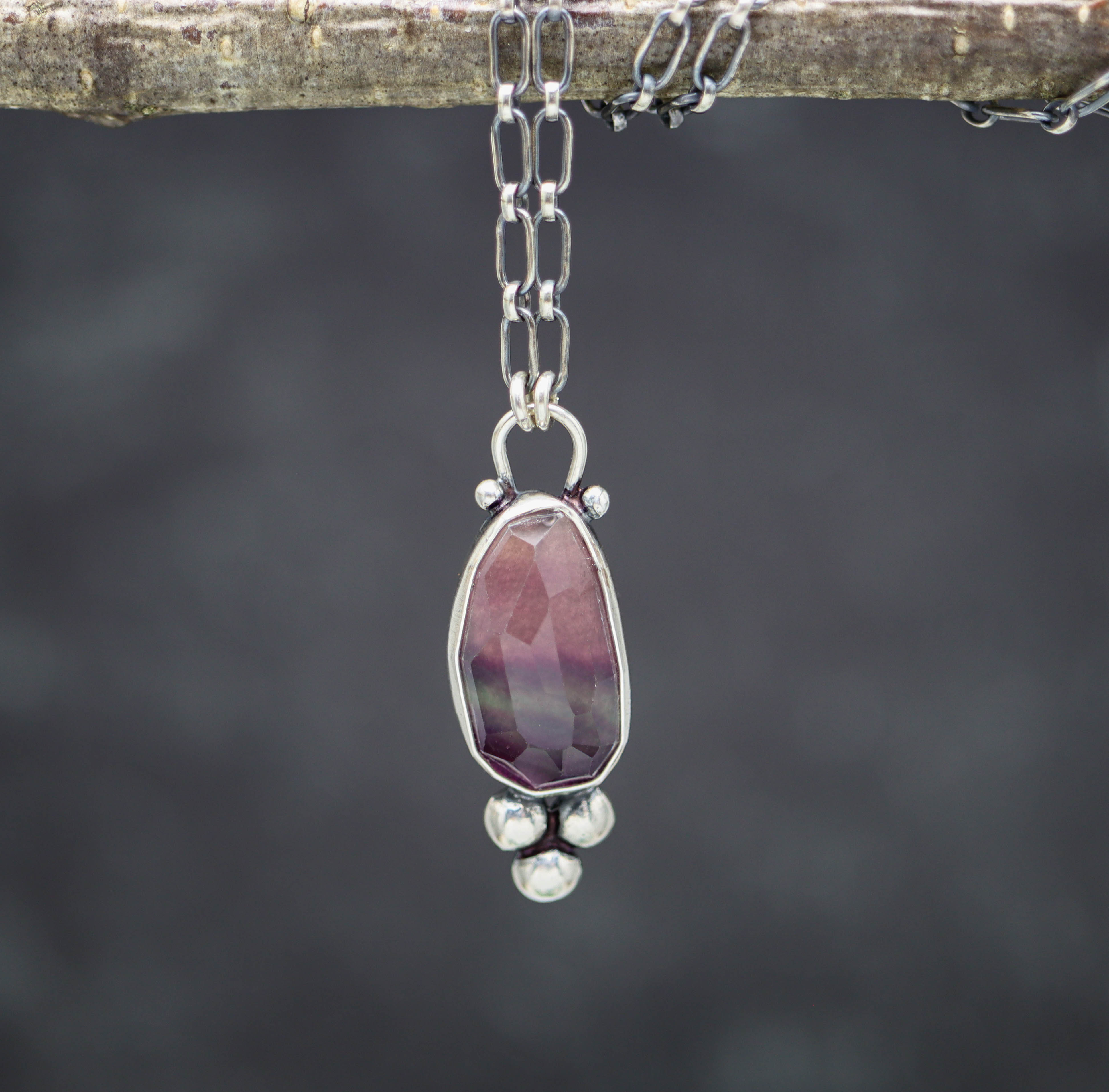 Rainbow Fluorite Pendant Necklace Sterling Silver