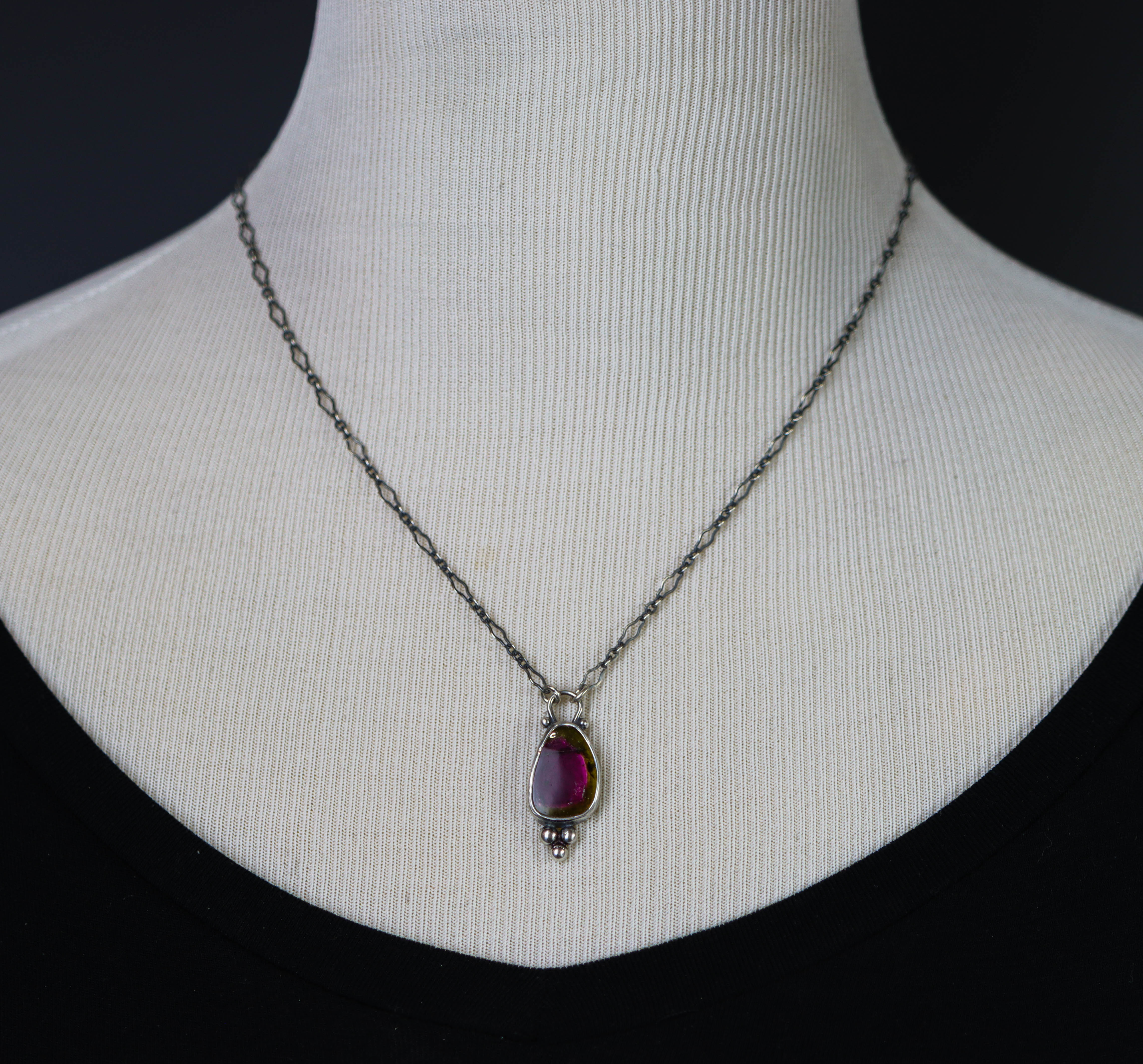 Raw Watermelon Tourmaline Slice Pendant Necklace Sterling Silver
