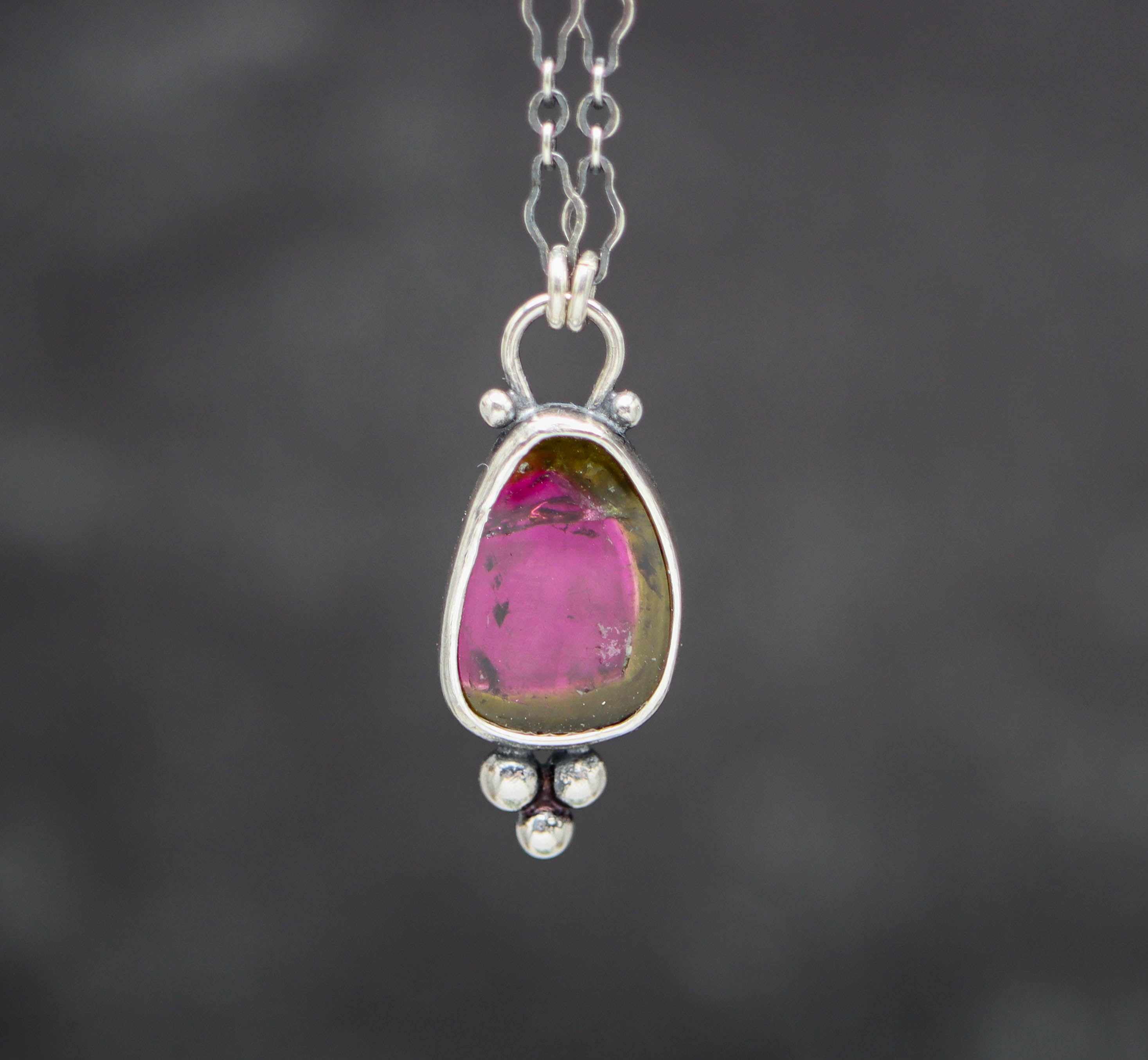 Raw Watermelon Tourmaline Slice Pendant Necklace Sterling Silver