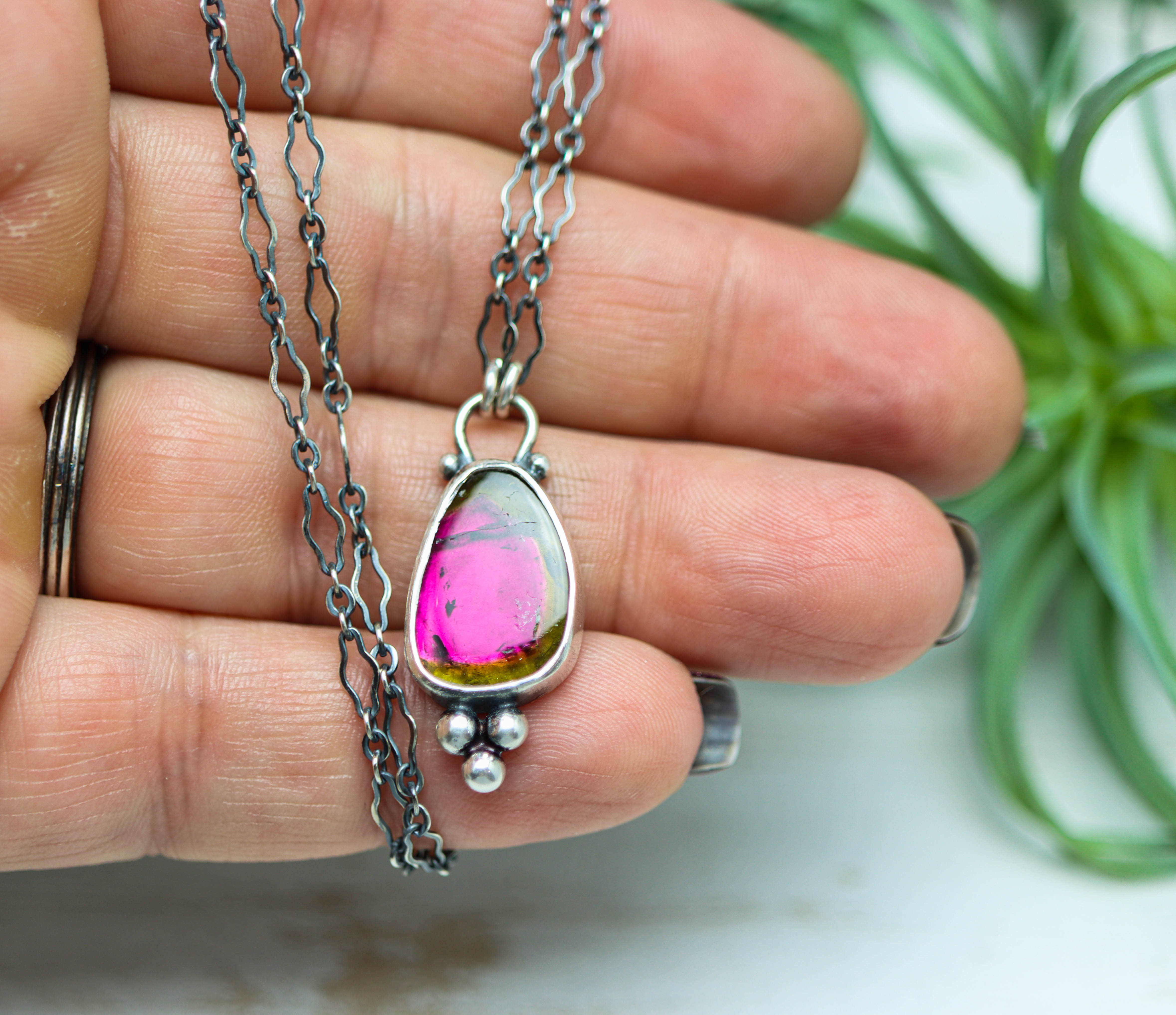 Raw Watermelon Tourmaline Slice Pendant Necklace Sterling Silver