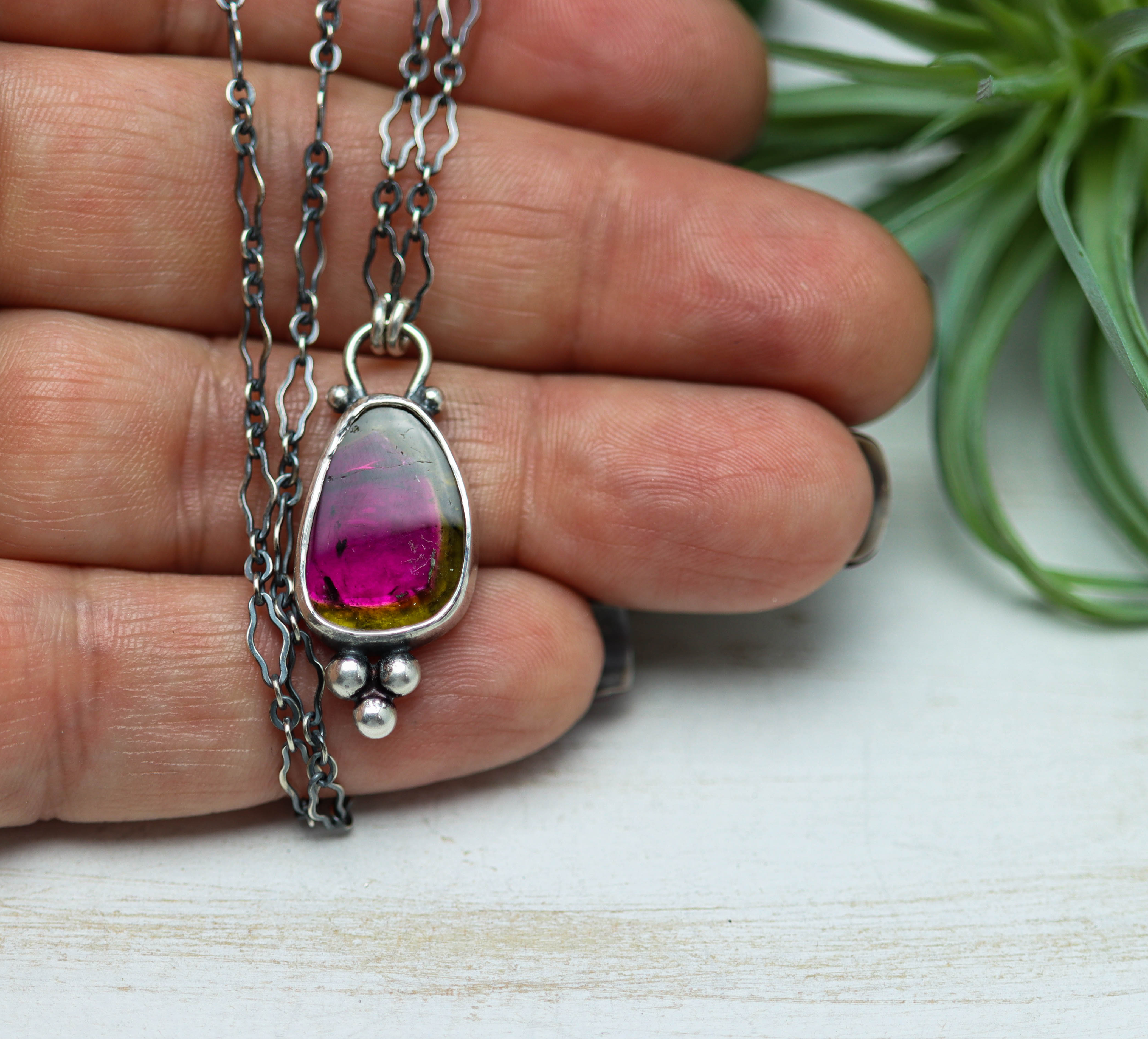 Raw Watermelon Tourmaline Slice Pendant Necklace Sterling Silver