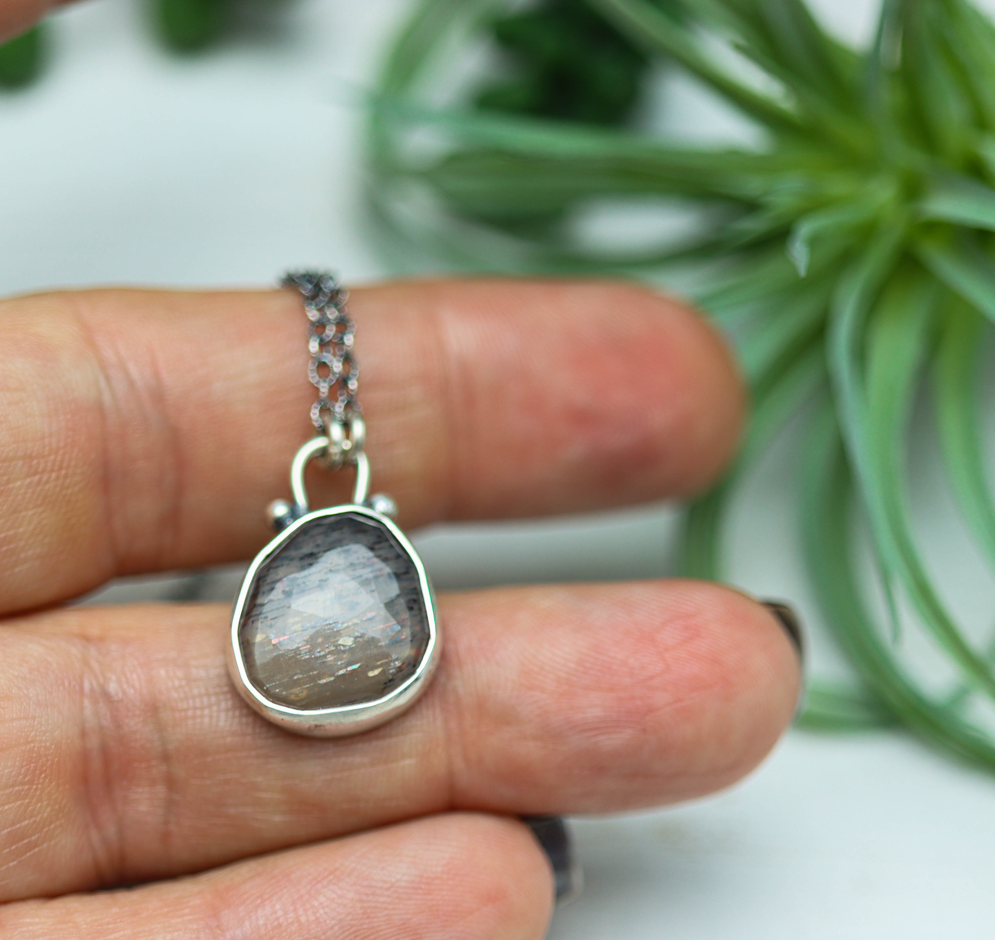 African Fire Sunstone Petite Pendant Necklace in Sterling Silver